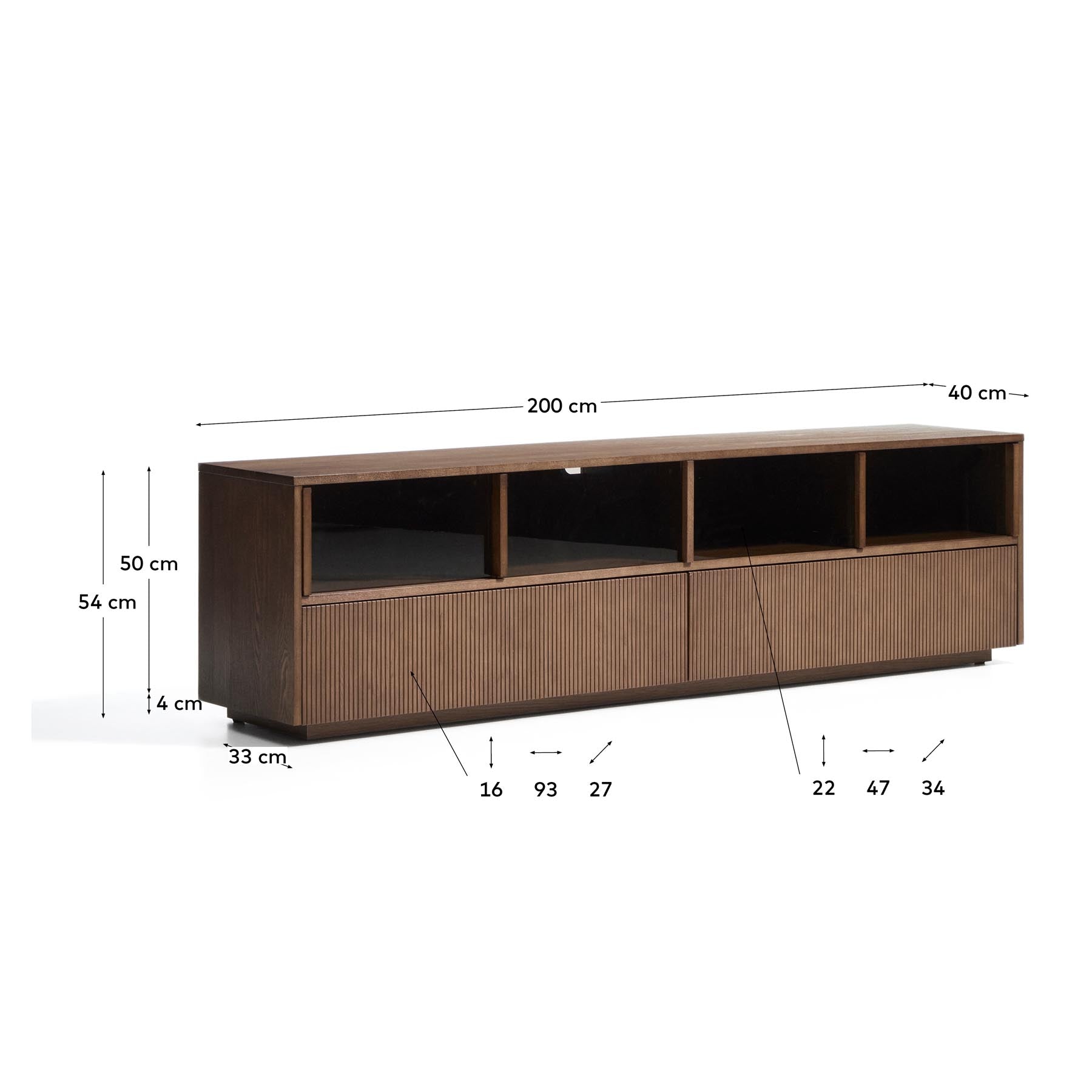 Helvine TV-Möbel mit 4 Türen und 2 Schubladen aus Eschenfurnier mit dunklem Nussbaum-Finish und gehärtetem Glas, 200 x 54 cm, FSC 100% in Dunkelbraun präsentiert im Onlineshop von KAQTU Design AG. TV-Möbel ist von Kave Home