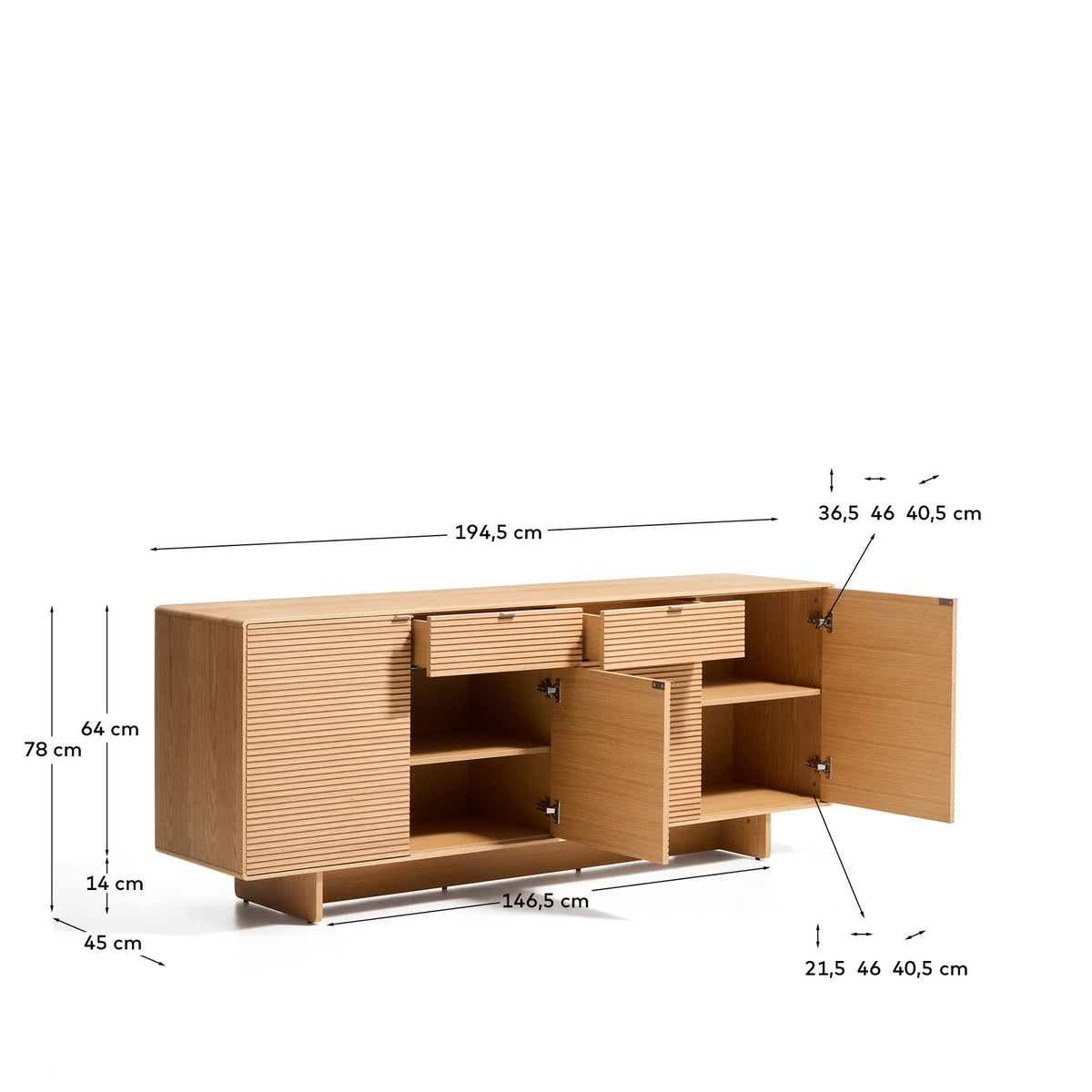 Braunes Sideboard Norlen mit vier Türen, zwei Schubladen und Eichenfurnier, abgerundete Ecken, Holzunterbau mit vier Beinen.