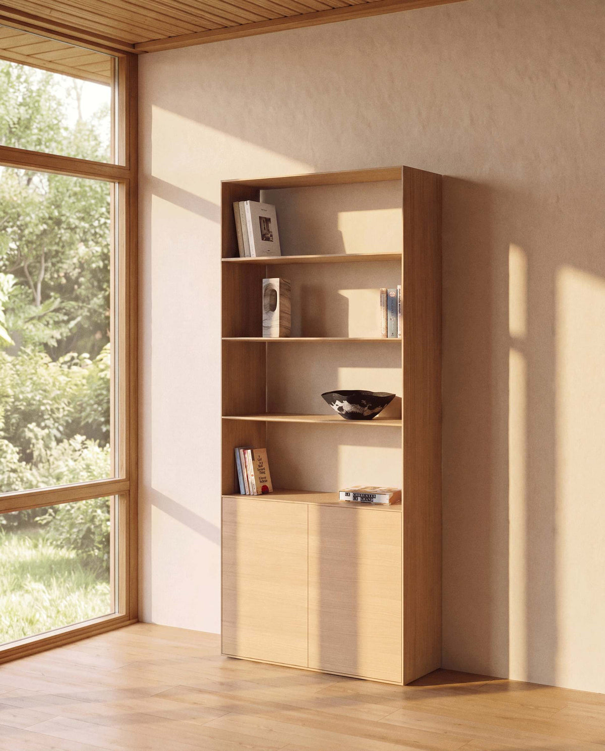 Hellbraunes Bücherregal Visala aus Eichenfurnier mit einem sichtbaren Regalboden