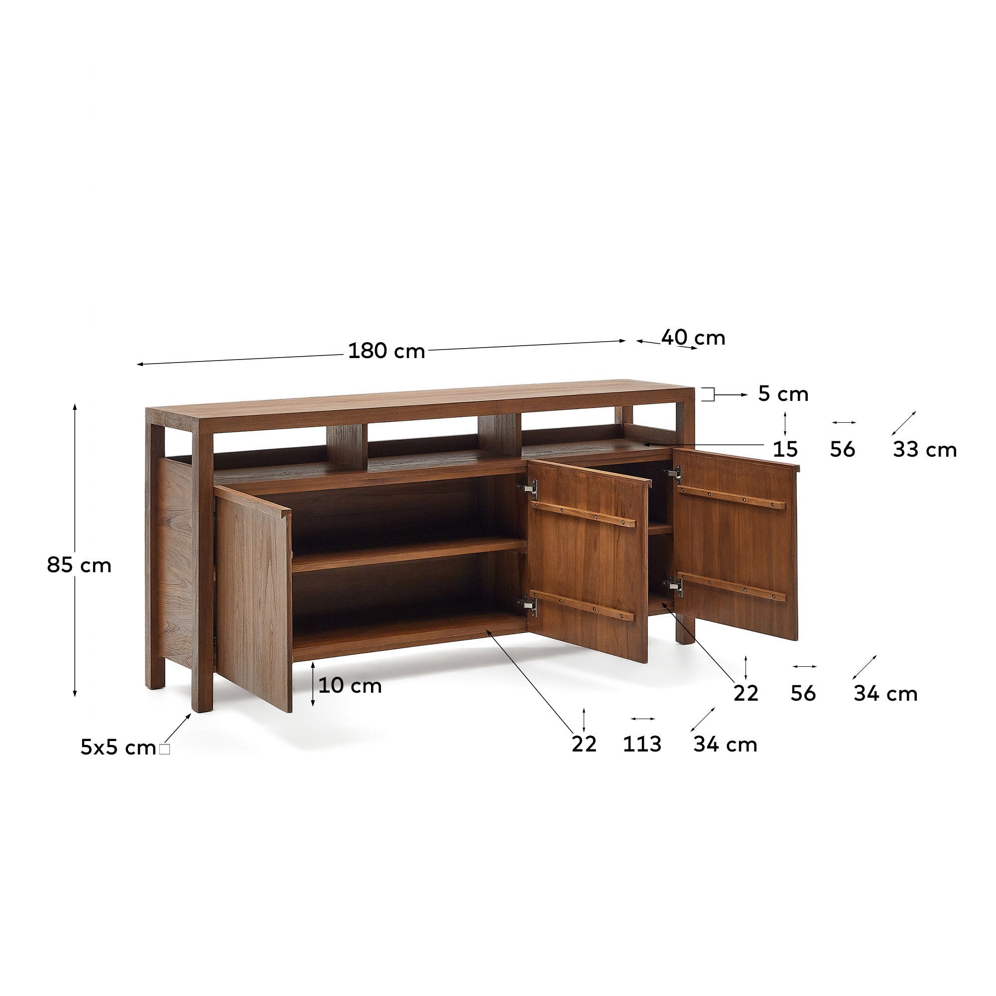 Das Sashi Sideboard von Kave Home aus hochwertigem Teakholz (180 x 85 cm) bietet stilvollen Stauraum und verleiht jedem Raum eine warme Ausstrahlung.