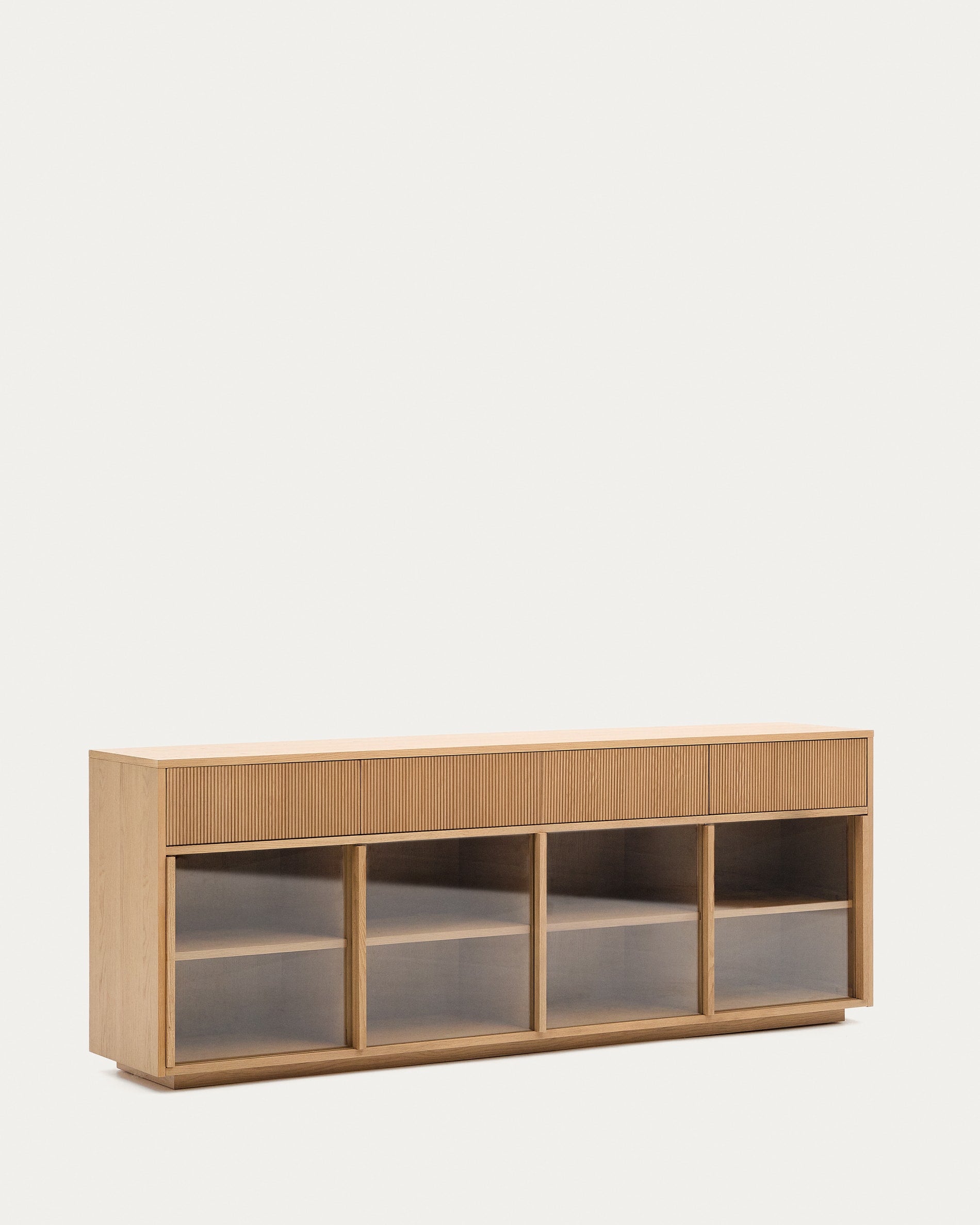 Stilvolles Sideboard aus Eichenfurnier und Glas, mit 4 Türen, 4 Schubladen, FSC-zertifiziert, Masse: 200 x 75 cm.