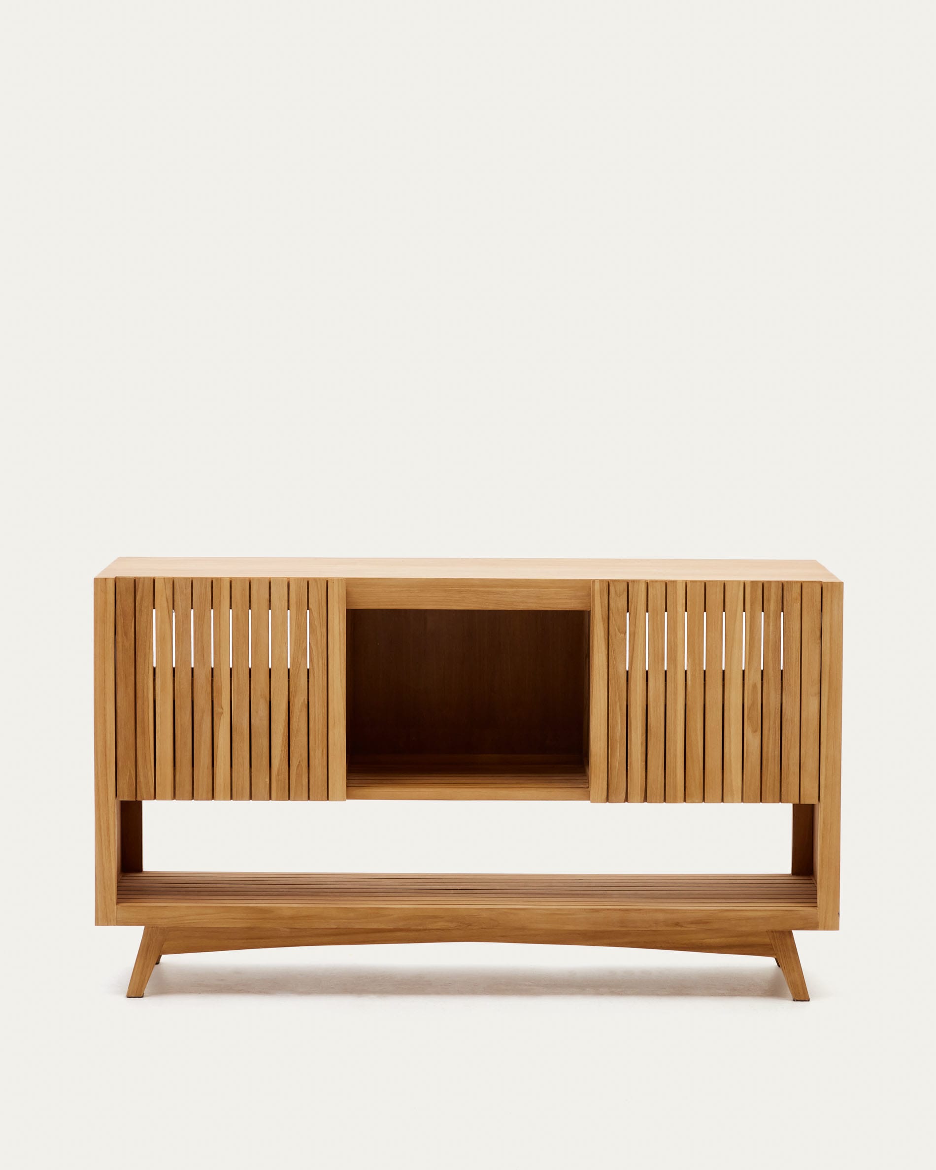 3D-Modell eines eleganten Teakholz-Sideboards, 140x50 cm, mit natürlichem Finish, ideal für stilvolle Aufbewahrung.