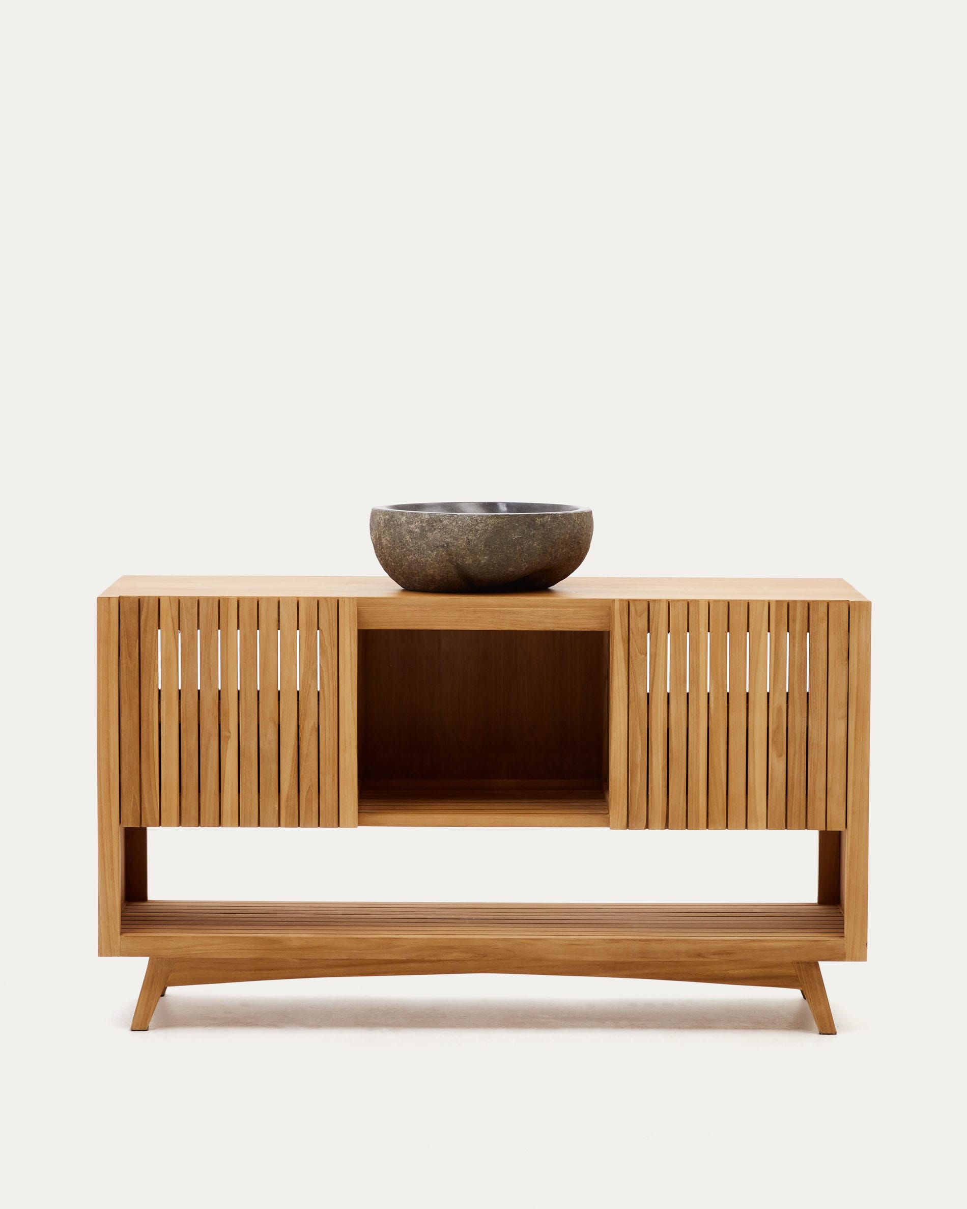 Hochwertiges Kuveni High-Sideboard aus massivem Teakholz, 140 x 50 cm, mit natürlichem Finish. Ideal für eleganten Stauraum in jedem Raum.