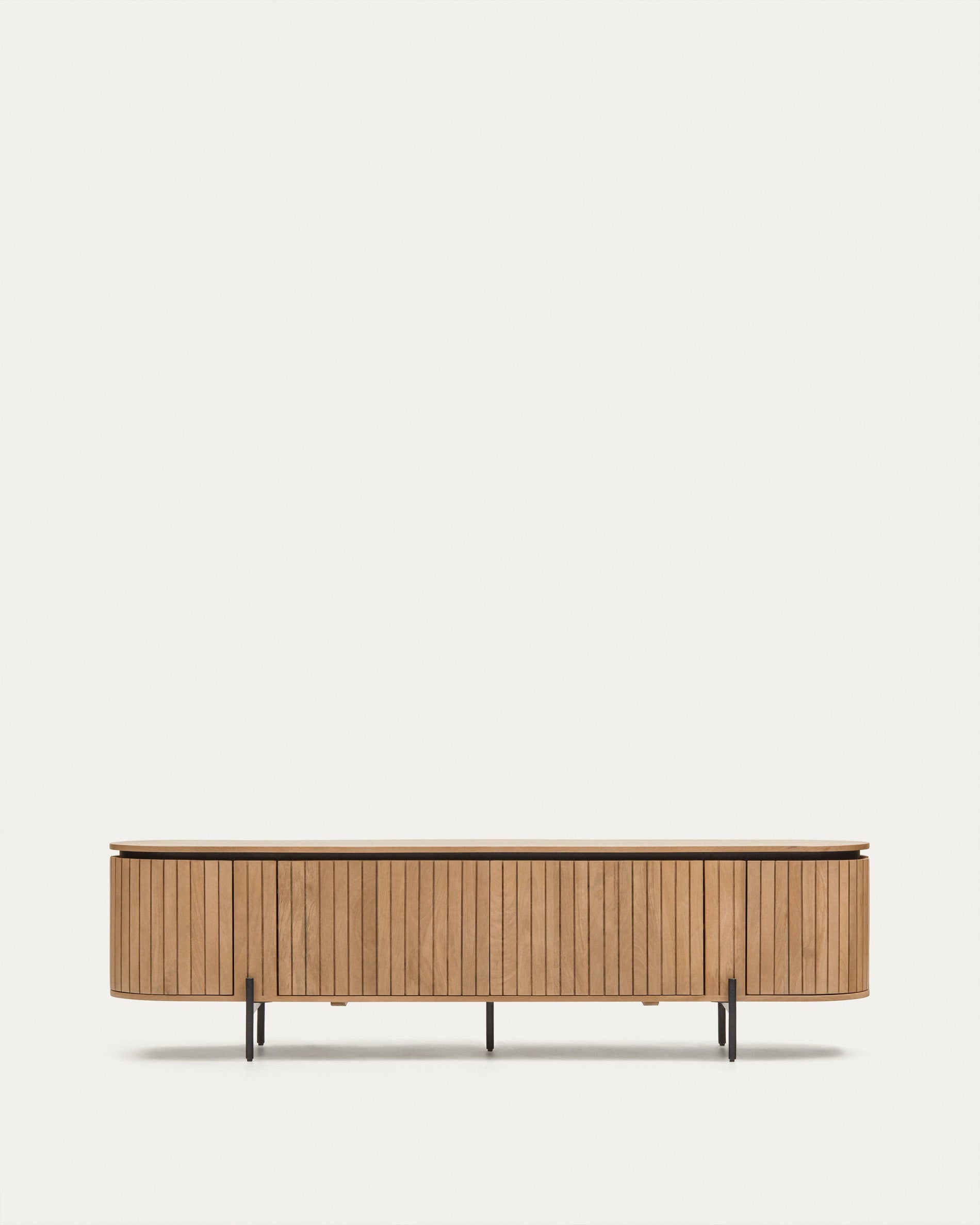 3D-Modell eines eleganten TV-Möbels aus Mangoholz und Metall, 200x55 cm, mit 4 Türen, modernes Design.