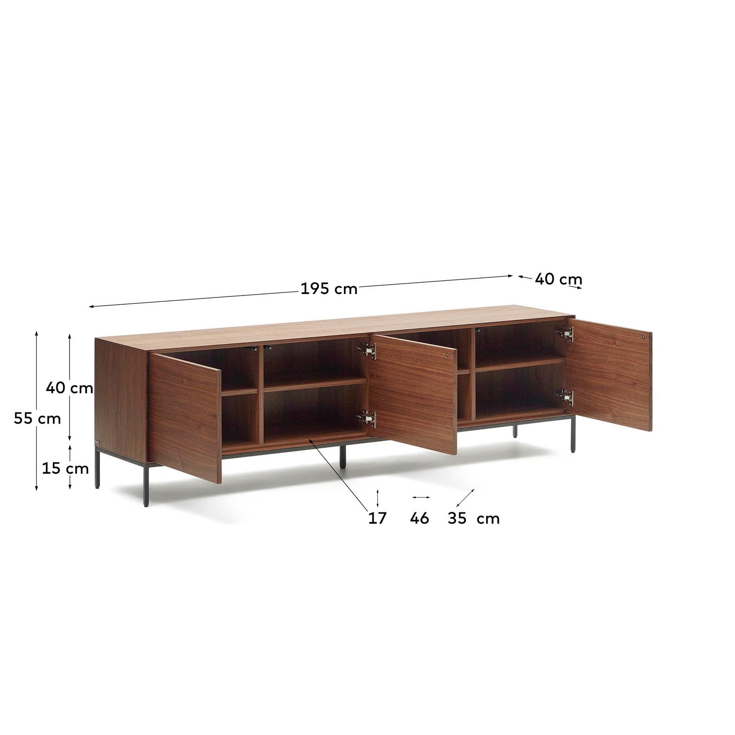 Eleganter TV-Schrank Vedrana: Nussholzfurnier, schwarze Stahlbeine, 195x55 cm. Stilvoll, geräumig, umweltfreundlich.