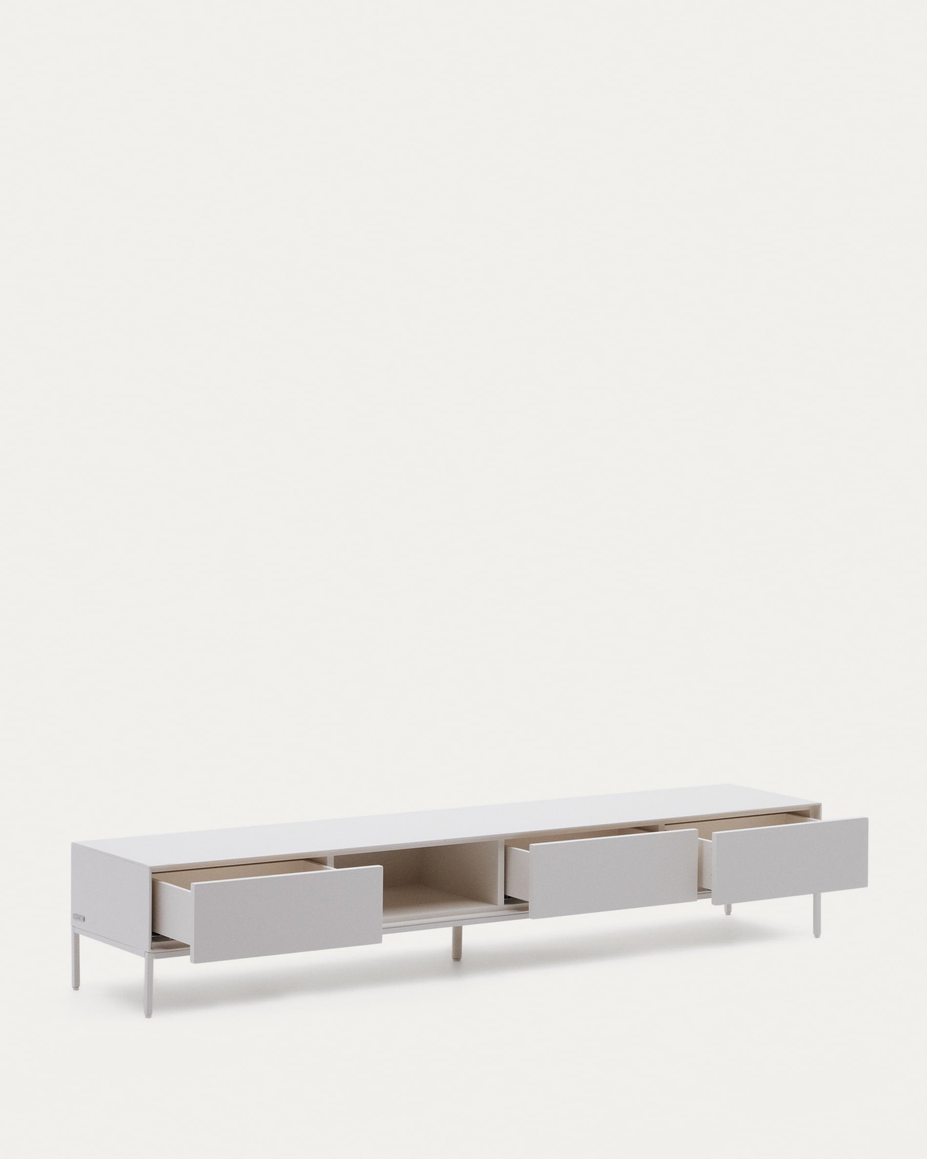 Moderner TV-Schrank Vedrana von Kave Home, 195x35 cm, weiss lackiert, aus MDF, mit 3 Schubladen, ideal für stilvolle Einrichtung.