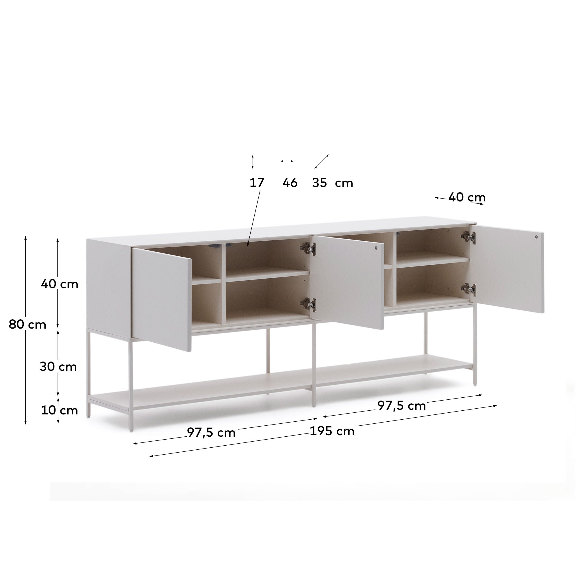 Entdecken Sie das stilvolle Vedrana Sideboard von Kave Home: 3 Türen, elegante weiße Lackierung und großzügiger Stauraum für Ihr modernes Zuhause.