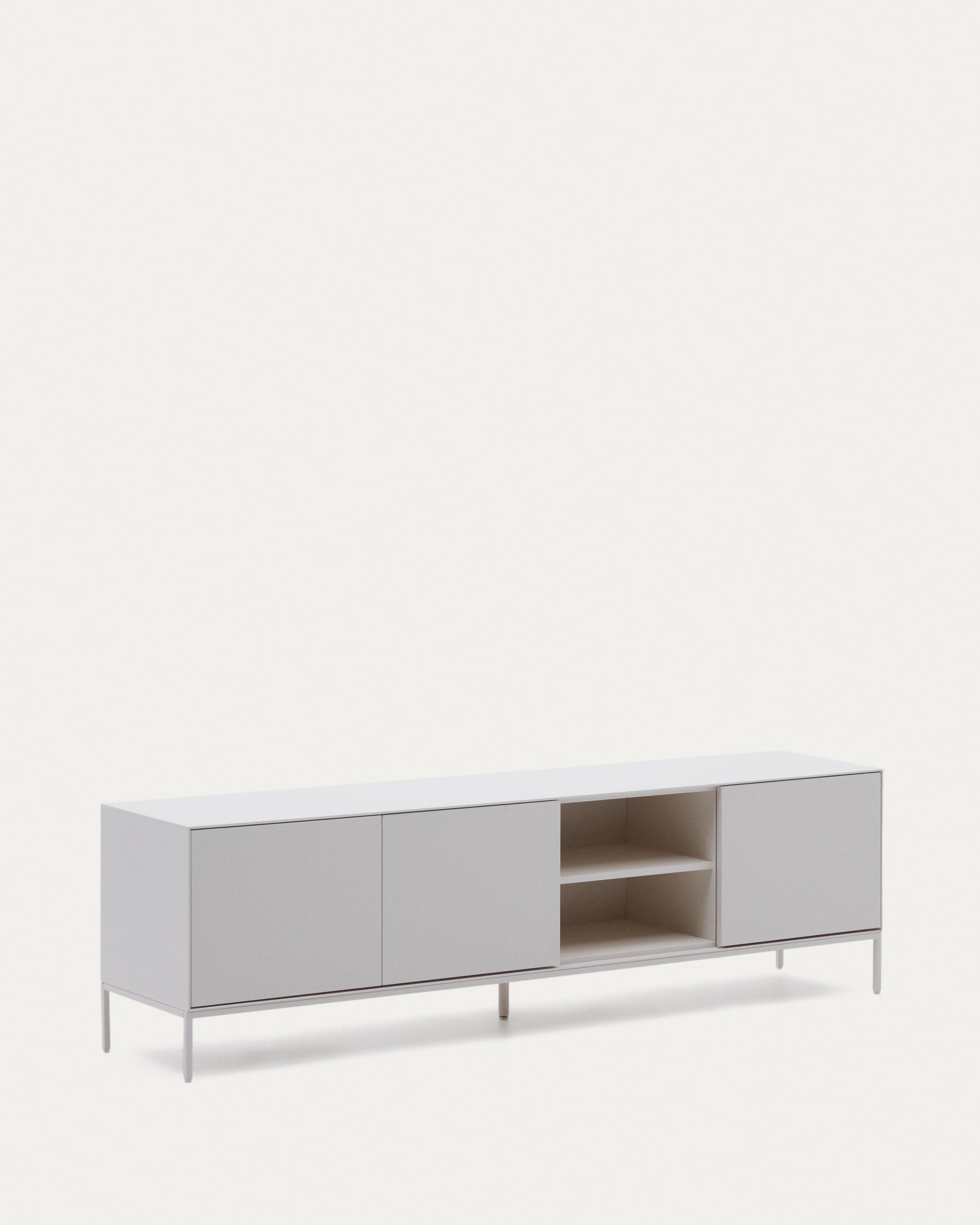 Moderner TV-Schrank Vedrana von Kave Home, 195x55 cm, weiss lackiert, 3 Türen, aus MDF, stilvolles Design für Ihr Wohnzimmer.