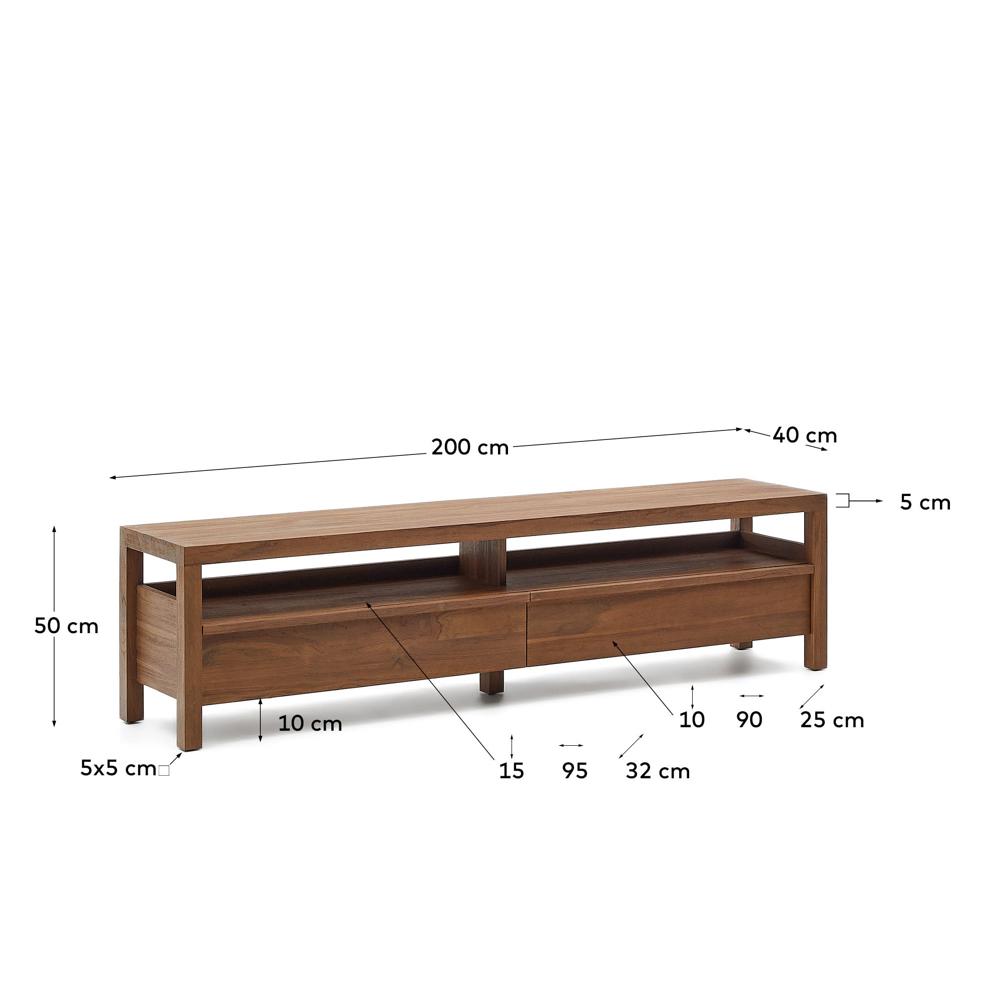 Erleben Sie das Sashi TV-Möbel aus massivem Teakholz (200 x 40 cm) von Kave Home – eine perfekte Kombination aus Eleganz, Funktionalität und praktischem Stauraum.