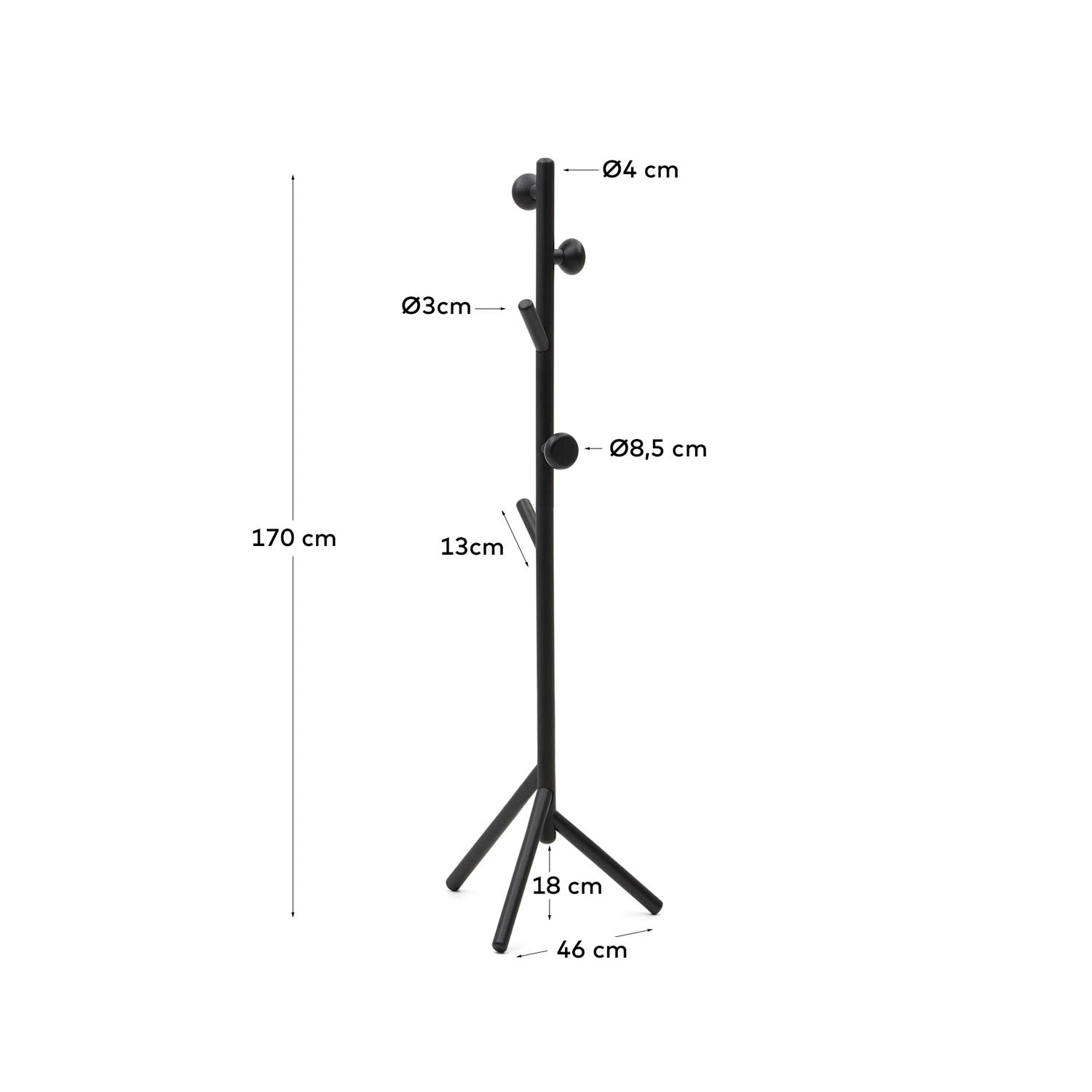 Moderner Kleiderständer Nadue aus massiver Buche, 170 cm hoch, mit elegantem schwarzem Finish. Ideal für Flur und Schlafzimmer, praktisch und stilvoll.