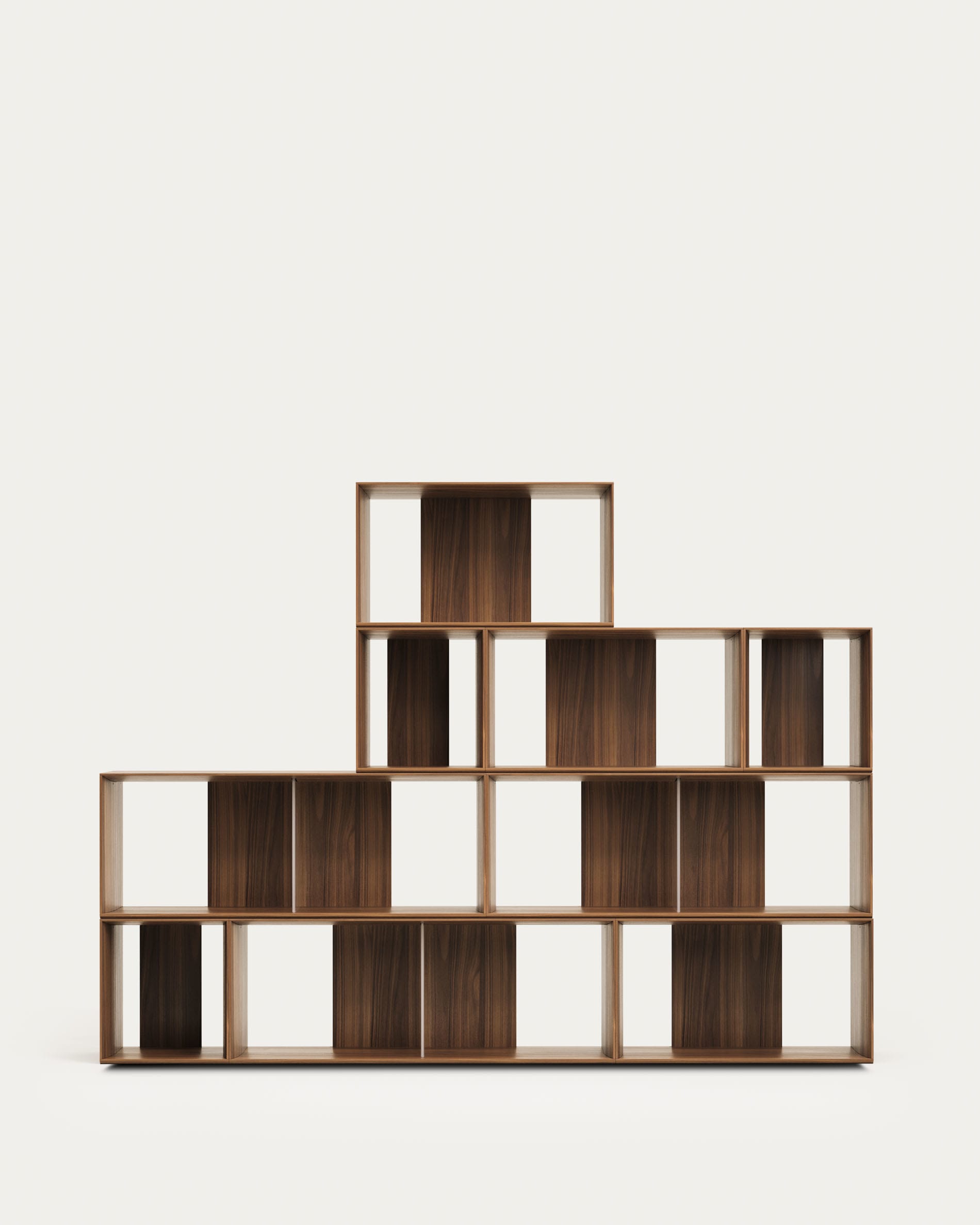 Modulares Regalset aus 9 Elementen mit hochwertigem Nussholzfurnier, ideal für individuelle und elegante Raumgestaltung.