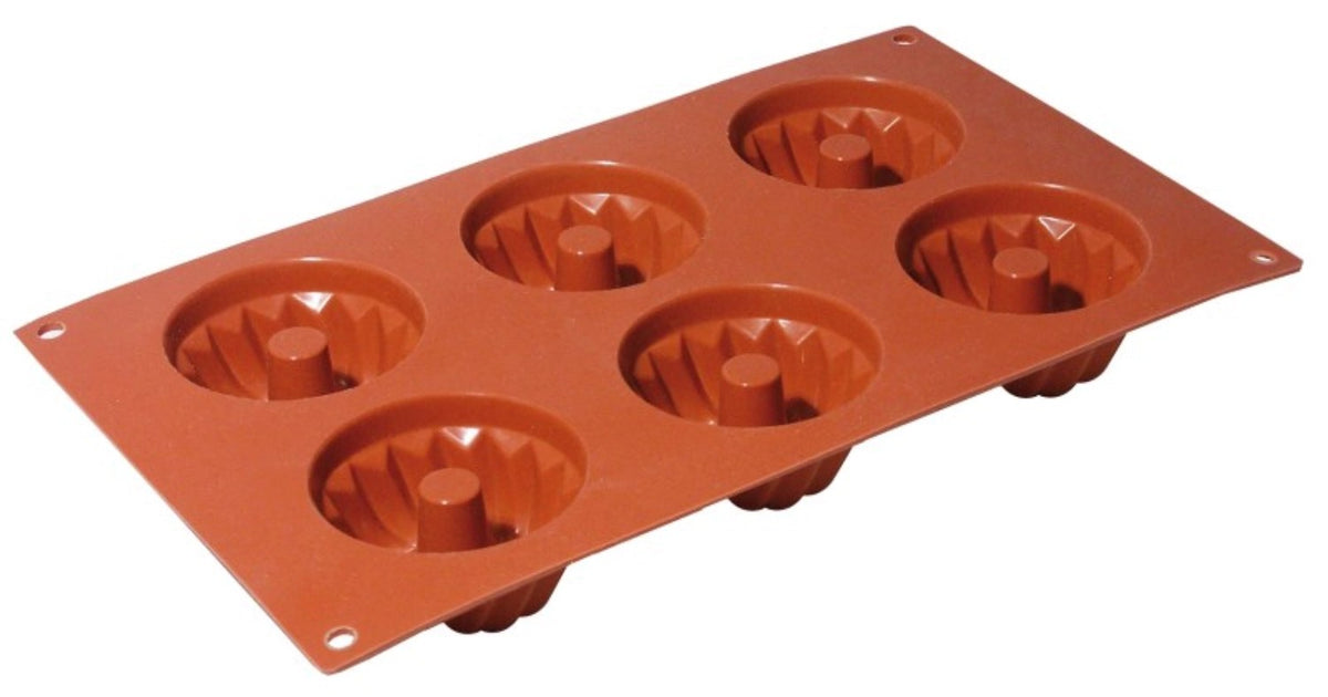 Rote Silikon-Backmatte mit 6 kleinen Gugelhupf-Formen, je 7 cm Durchmesser, Gesamtgrösse 30 x 17.5 cm, Hersteller Contacto.