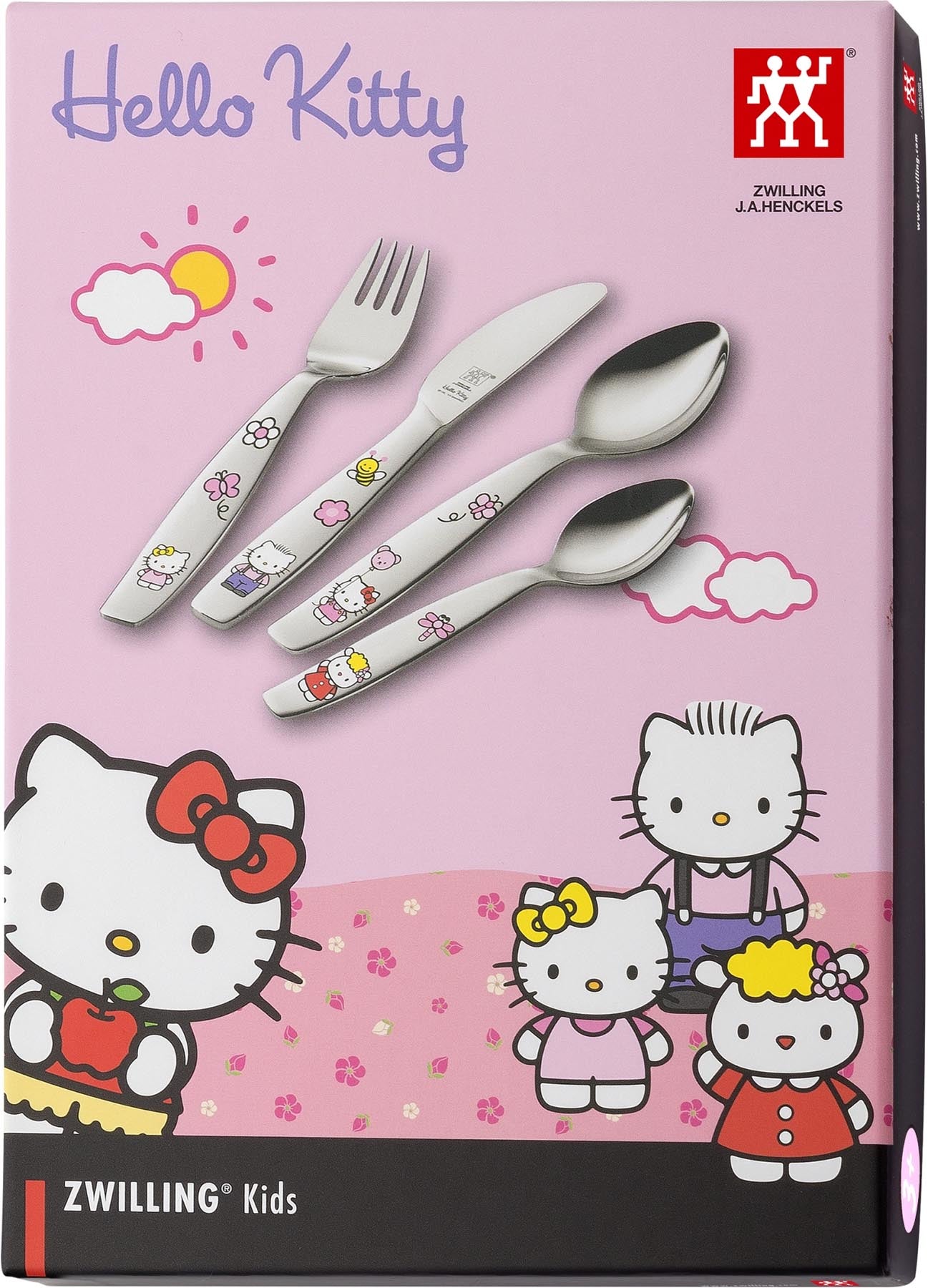 Niedliches 4-teiliges Kinderbesteck mit Hello Kitty Design, perfekt für die ersten Essversuche und aus langlebigem Edelstahl von Zwilling.