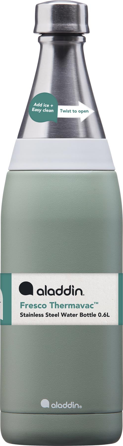 Stylische 0.6L Thermosflasche in sanftem Salbeigrün von Aladdin, ideal für die Aufbewahrung von heißen und kalten Getränken, perfekt für unterwegs.
