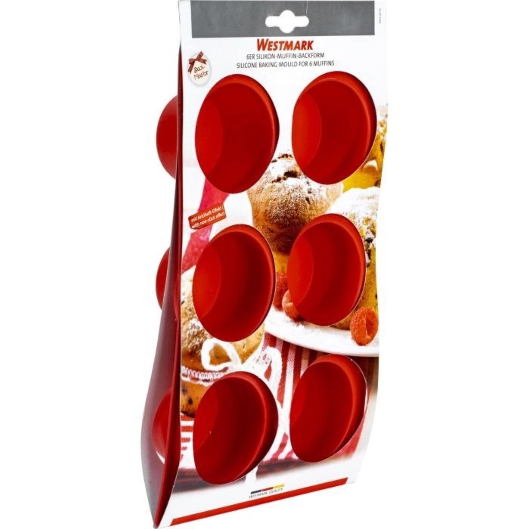 Vibrante rote Silikon-Muffinform für 6 Muffins, ideal für kreative Backprojekte. Hochwertige Verarbeitung von Westmark für einfaches Entformen.