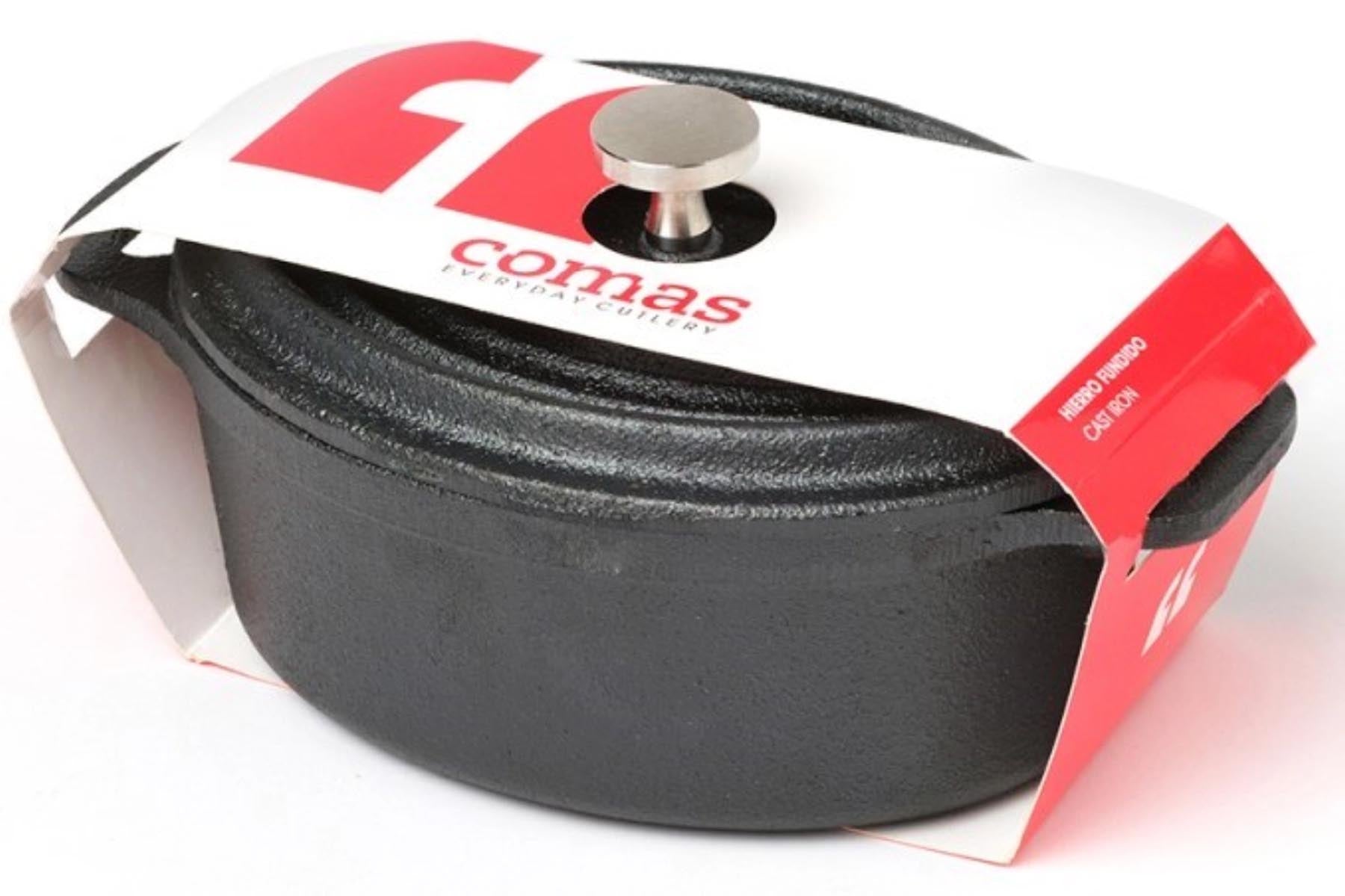 Elegante Mini-Kasserolle aus Gusseisen in Schwarz, perfekt für individuelle Portionen von Schmorgerichten. Maße: 9.5x12.5cm, Höhe: 5.5cm, von Comas.