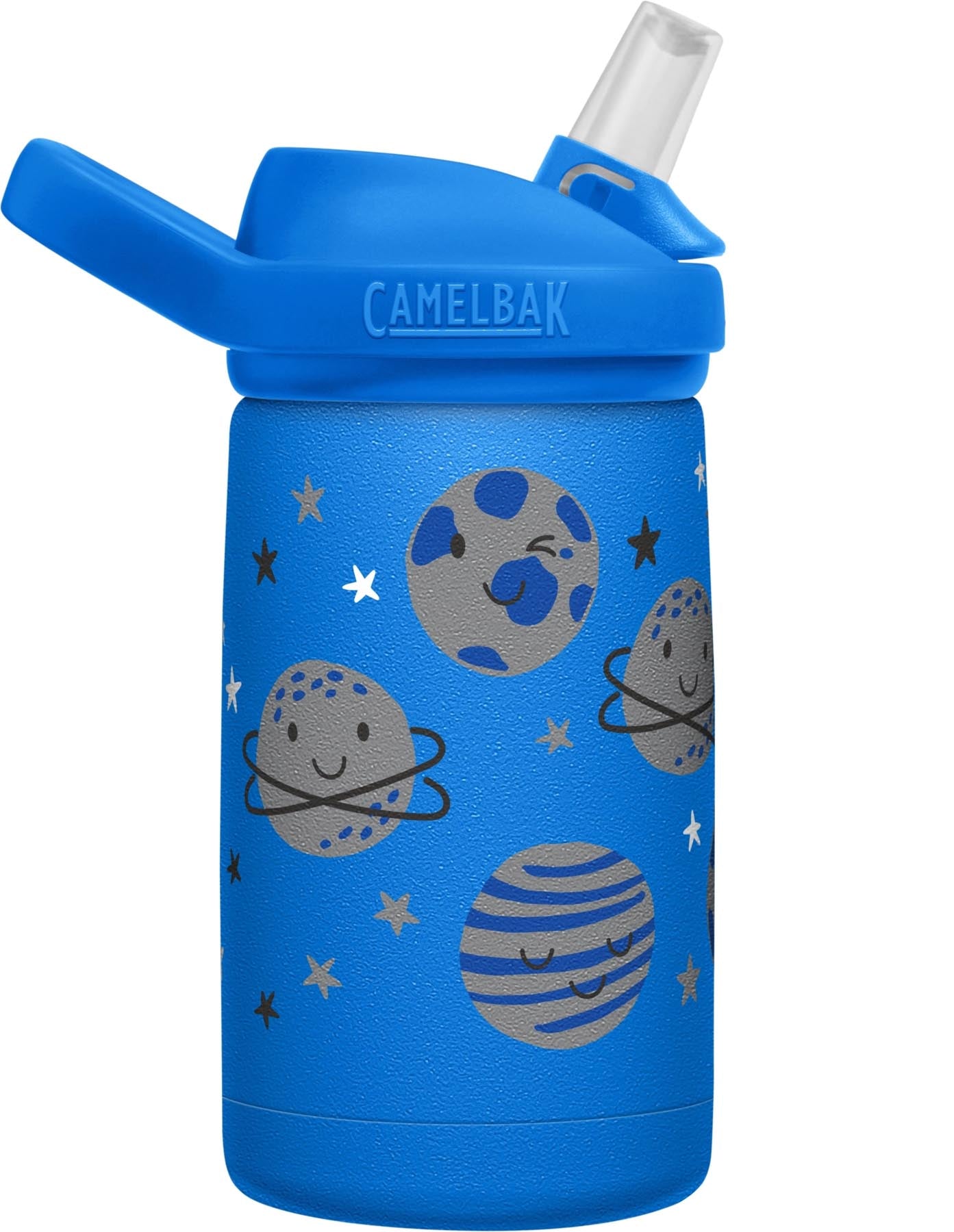 Verspielte Eddy+ Kids V.I. Bottle 0.35l "Space Smiles" in lebhaftem Blau, ideal für kleine Abenteurer, von Camelbak für aktive Kinder.