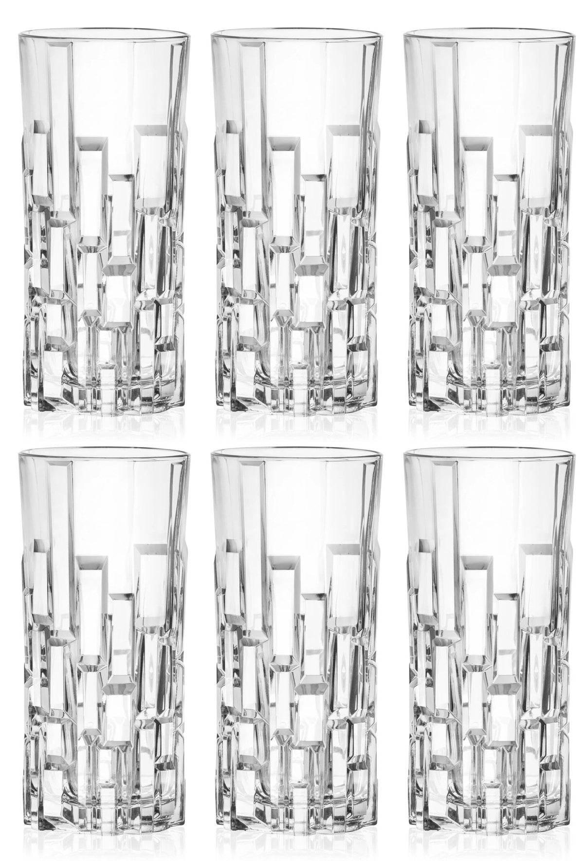 Sechs transparente Trinkgläser aus Glas der Etna-Serie von RCR mit strukturierter Oberfläche, Ø6.9 cm, Höhe 15 cm, Fassungsvermögen 34 cl.