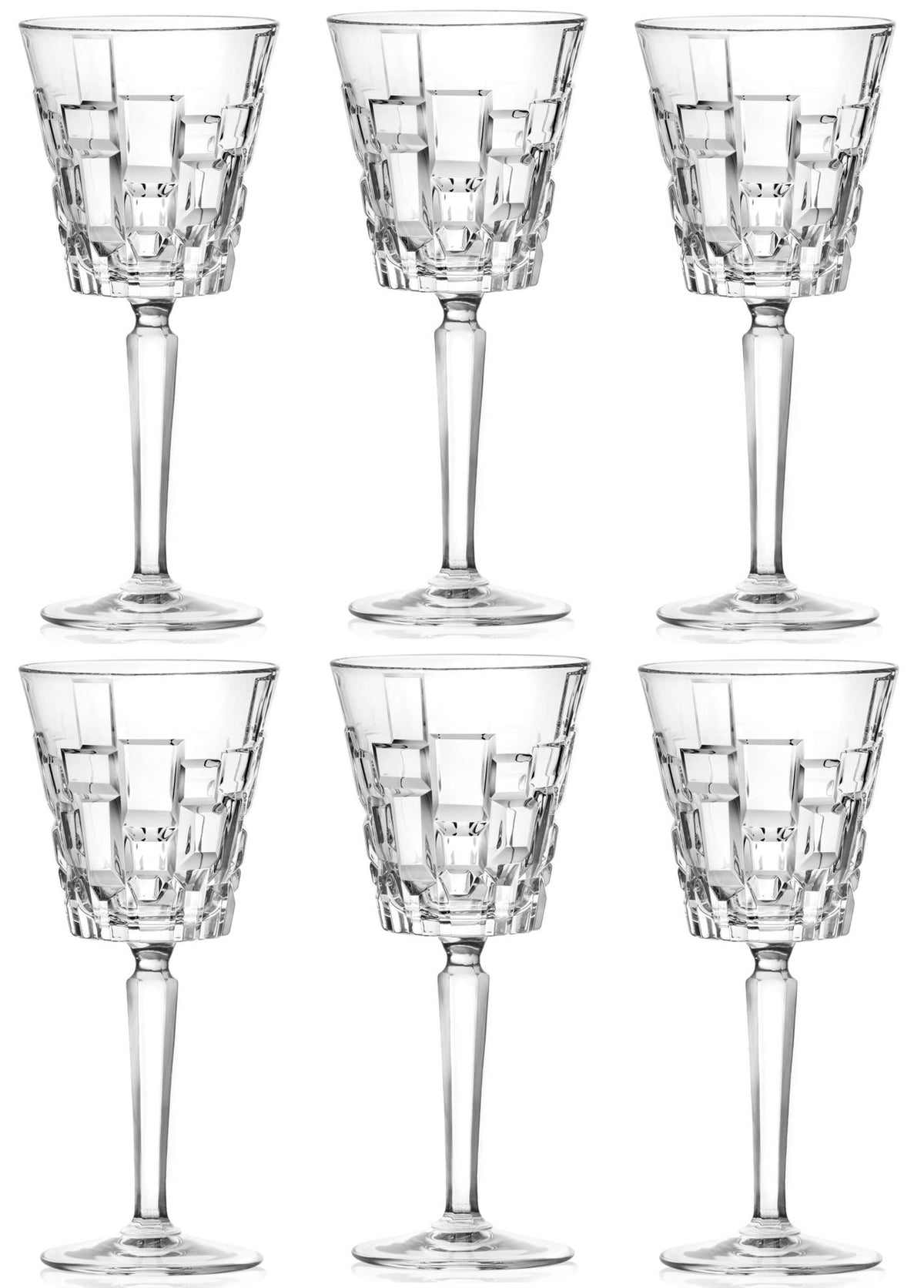 Sechs transparente Weingläser aus Glas der Serie Etna von RCR, Durchmesser 7.9 cm, Höhe 18.4 cm, Fassungsvermögen 20 cl, auf hellem Hintergrund.