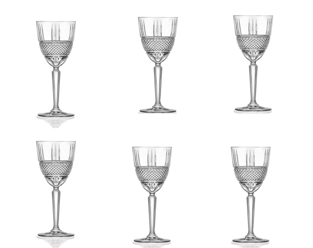 Sechs transparente Weingläser aus Glas der Serie Brillante von RCR, klassische Form mit Ø7.9 cm und Höhe 18.7 cm, 23cl Fassungsvermögen.