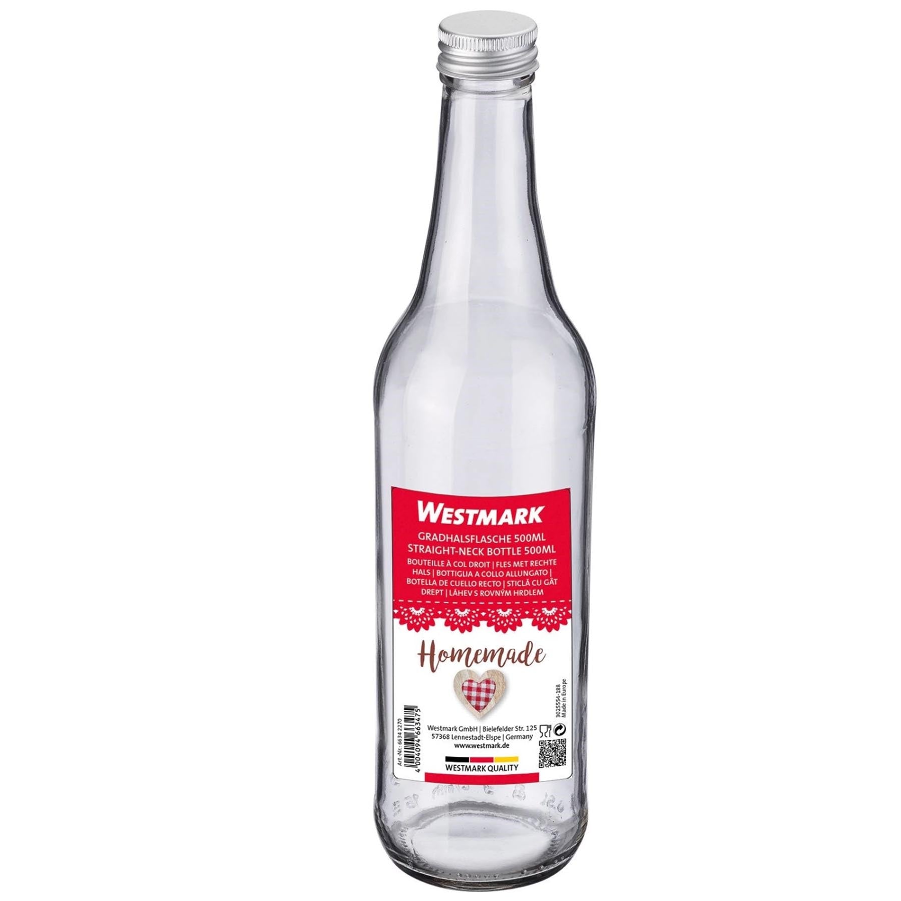 Stilvolle Gradhalsflasche mit 500 ml Fassungsvermögen und praktischem 28 mm Schraubdeckel, perfekt für die sichere Lagerung und exakte Abmessungen von Flüssigkeiten.