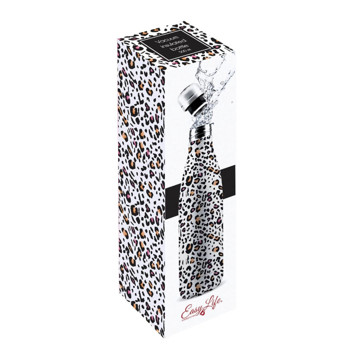 Mehrfarbige Isolierflasche aus Edelstahl mit Animalier-Muster in schlanker, hoher Form