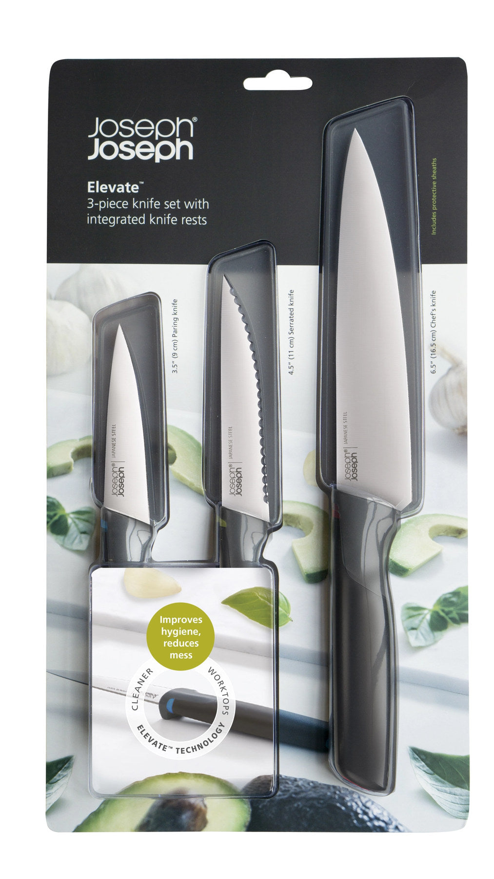 3-tlg. Elevate Messer in Schwarz präsentiert im Onlineshop von KAQTU Design AG. Küchenmesser ist von Joseph Joseph