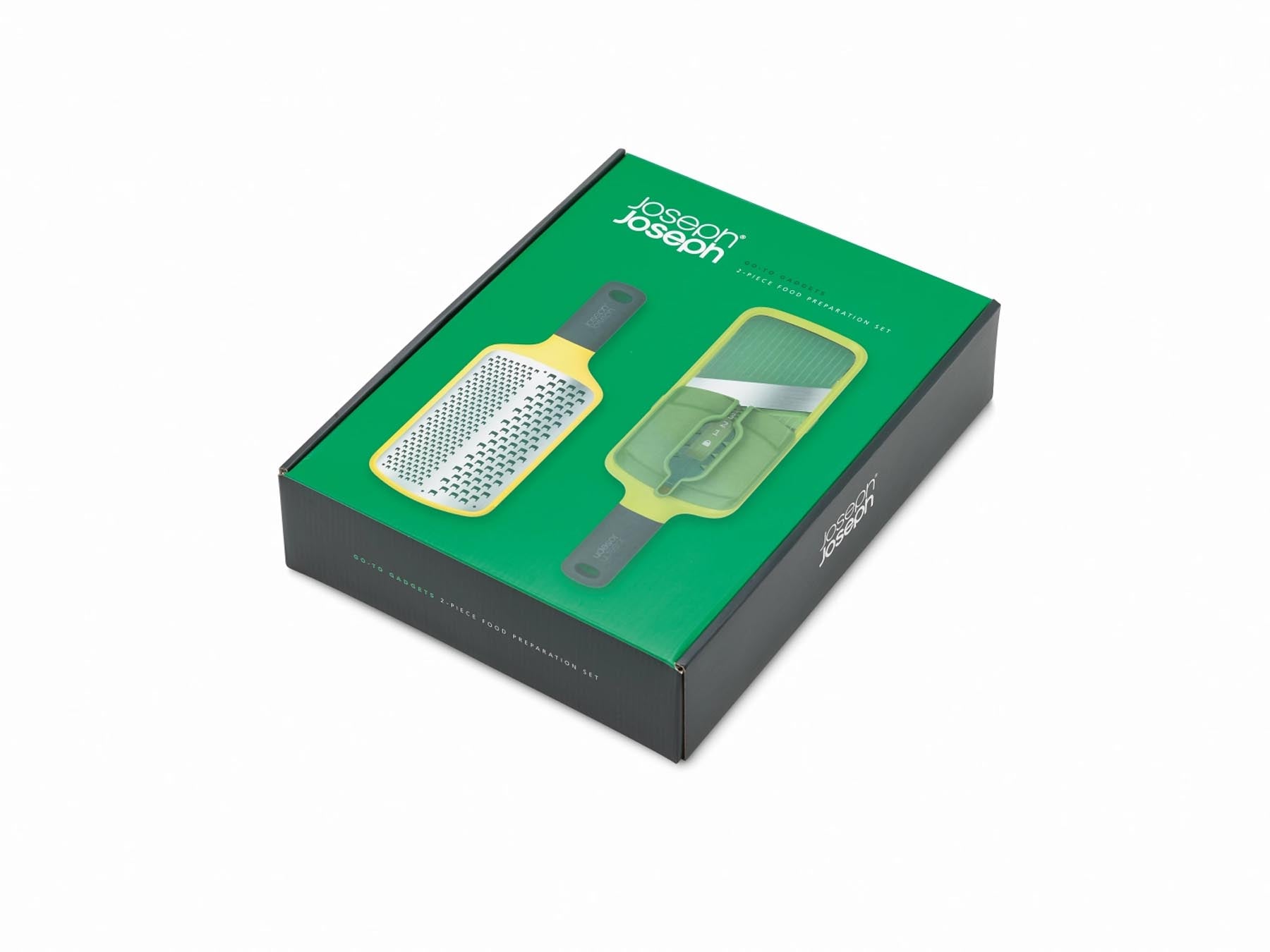 Zweiteiliges Promo Gadget Set von Joseph Joseph: vielseitige Multi-Grip Mandoline und innovative Multi-Grate Reibe für effizientes Zubereiten.