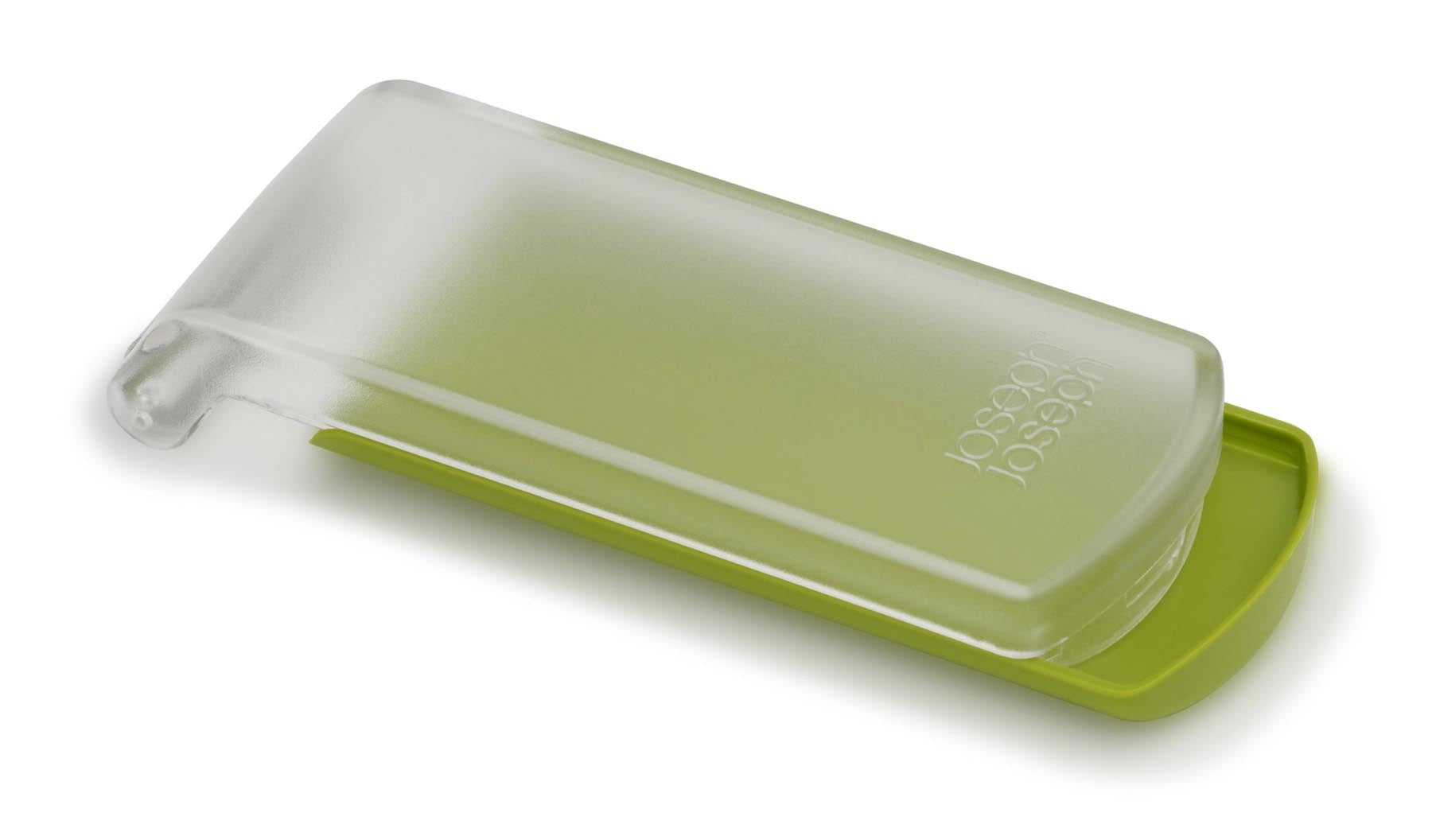 Innovativer Joseph Joseph PeelStore Schäler mit praktischer Abfallschale, ideal für schnelles und sauberes Schälen von Obst und Gemüse.
