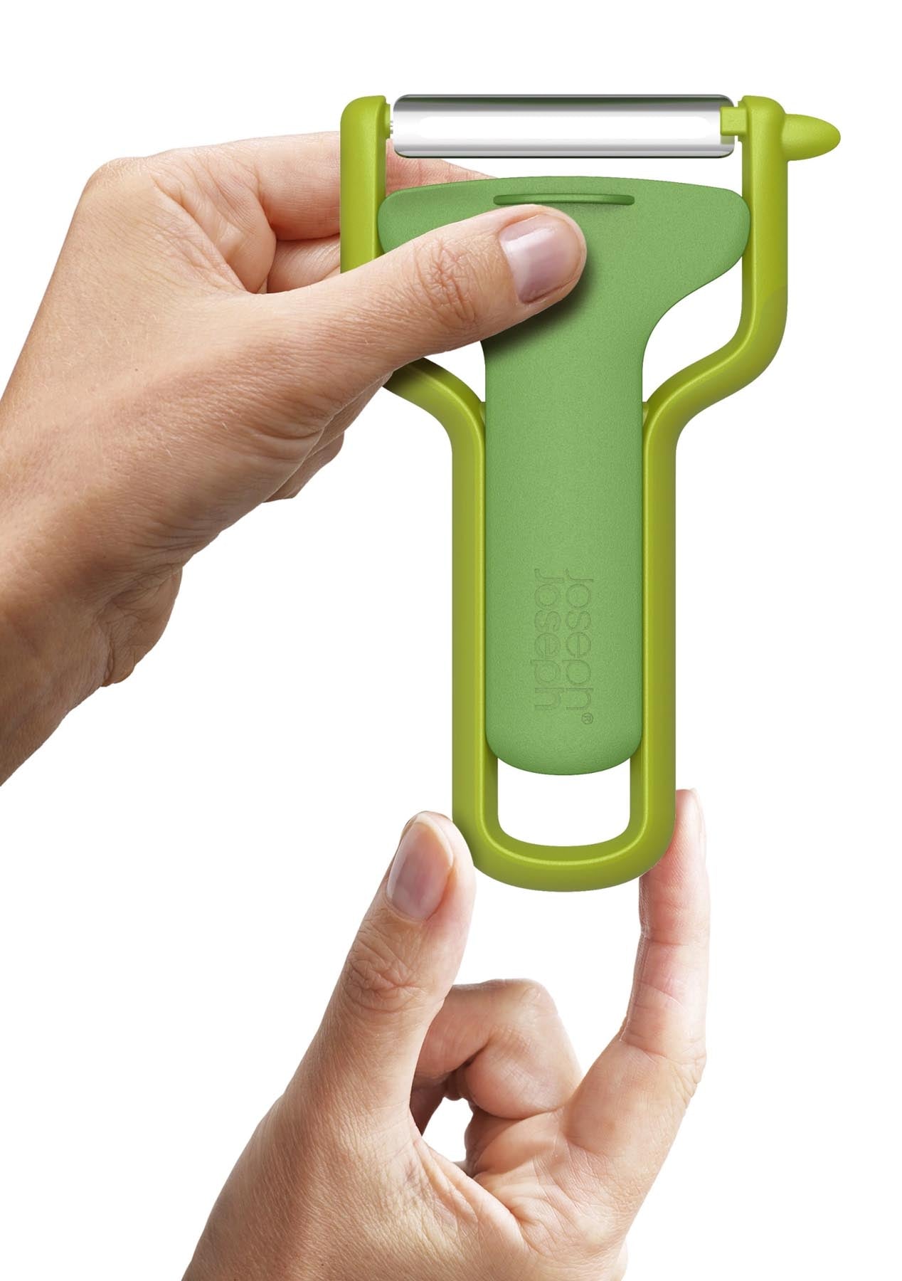 Der SafeStore Schäler von Joseph Joseph in leuchtendem Grün kombiniert modernes Design mit einem Klingenschutz für sicheres Schälen von Obst und Gemüse.