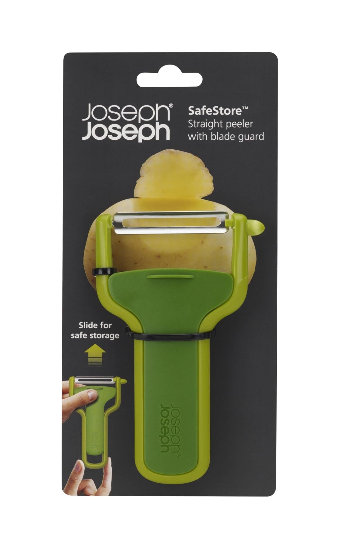 Der SafeStore Schäler von Joseph Joseph kombiniert Funktionalität und Sicherheit mit einem praktischen Klingenschutz, perfekt für jede Küchenausstattung.
