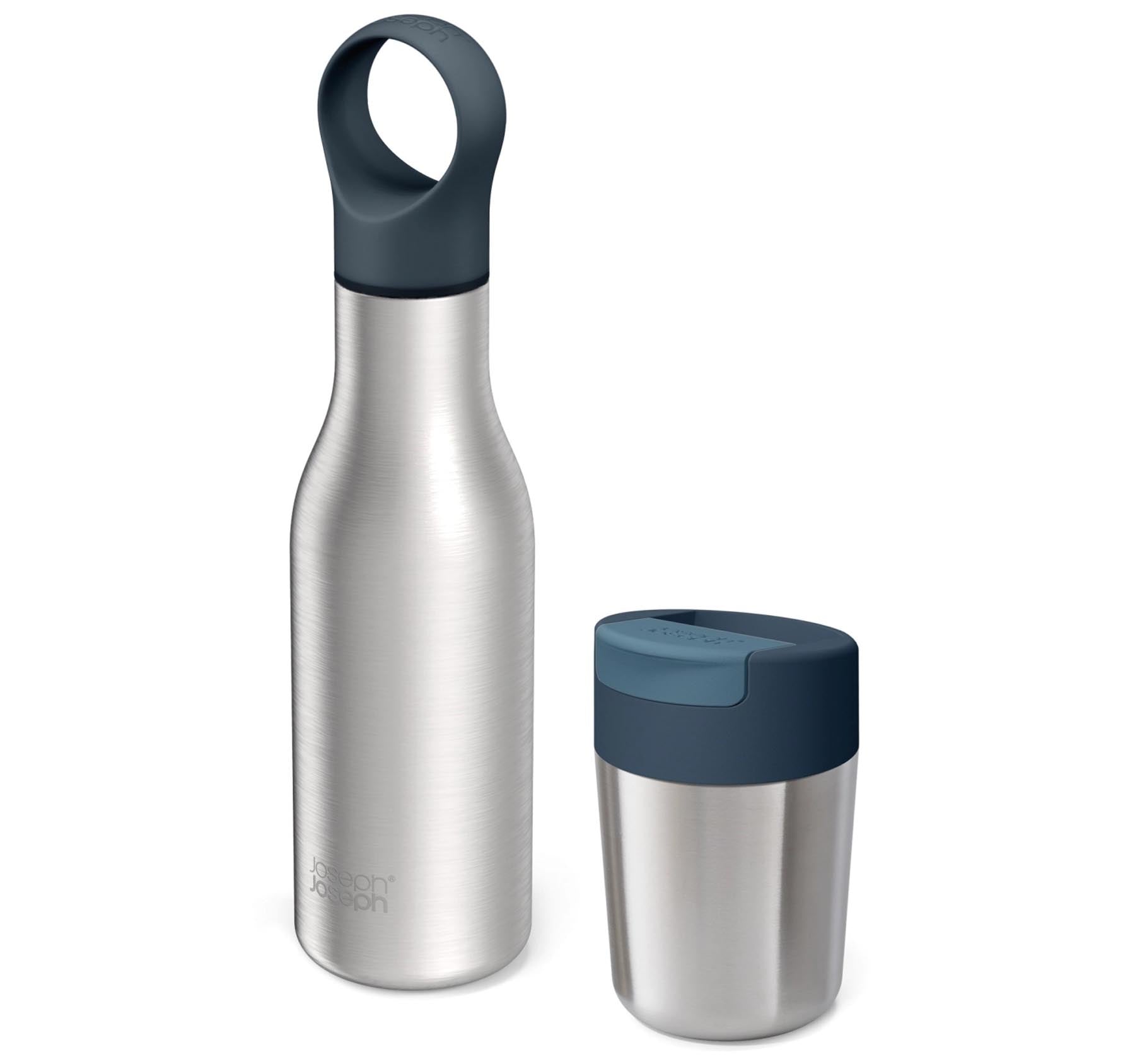 Geschenkset Refill Reuse Repeat, Travel Mug und Flasche in Silber präsentiert im Onlineshop von KAQTU Design AG. Trinkflasche ist von Joseph Joseph