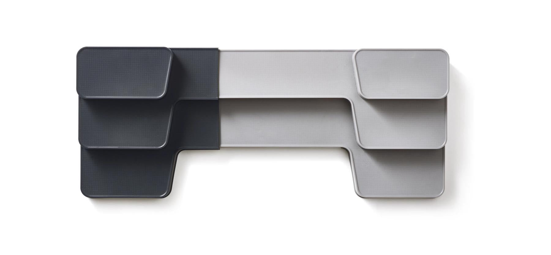 Eleganter, flexibler Küchenorganizer in modernem Grau, ideal zur übersichtlichen Sortierung von Geschirr und Küchenutensilien.