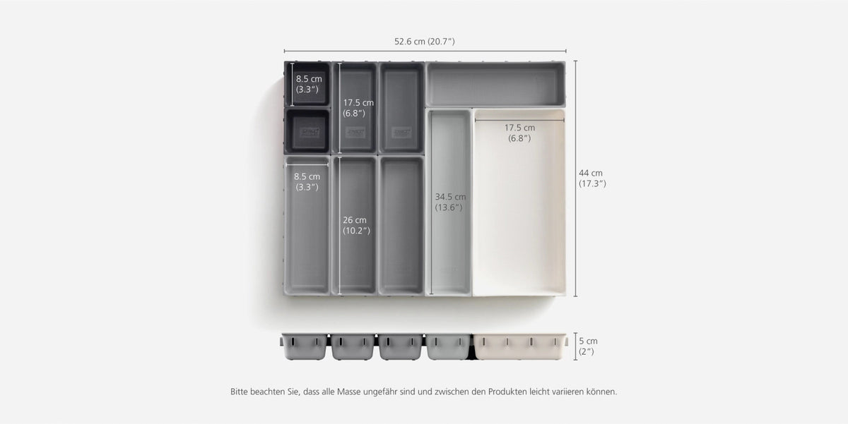 Blox 10-teiliges Schubladen-Organizer-Set in Silber präsentiert im Onlineshop von KAQTU Design AG. Aufbewahrungsbehälter ist von Joseph Joseph