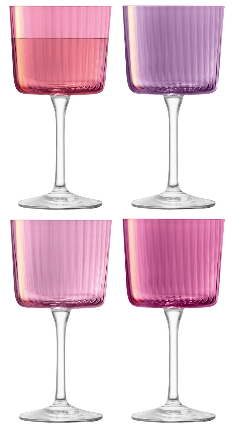 Vier Weingläser aus Glas der Serie Gems von LSA mit Stiel, handbemalt in verschiedenen Granattönen, Fassungsvermögen 250ml, Farbe Pink.