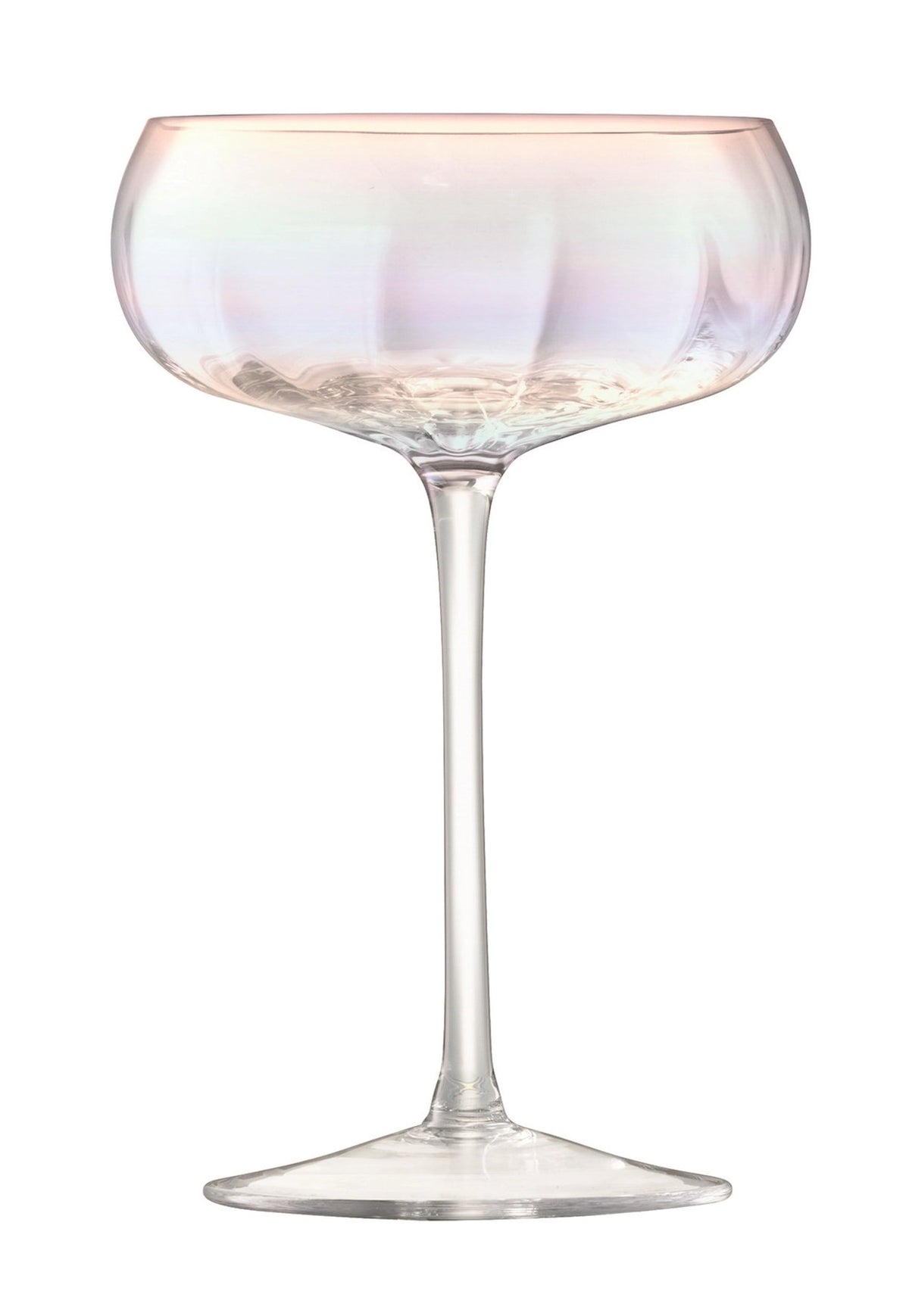 Zwei transparente Sektschalen aus Glas mit perlmuttfarbenem Schimmer und geriffelter Textur, mundgeblasen, Durchmesser 10.5cm, Höhe 16cm, LSA Pearl Serie.