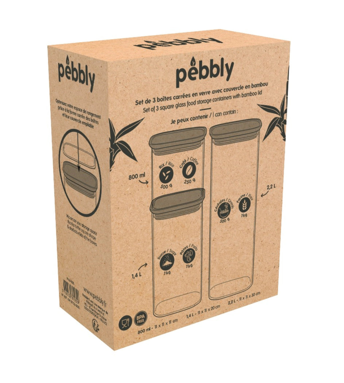 3er Set Pebbly Vorratsglas mit Bambusdeckel 0.8, 1.4, 2.2lt in Braun präsentiert im Onlineshop von KAQTU Design AG. Aufbewahrungsdose ist von Pebbly
