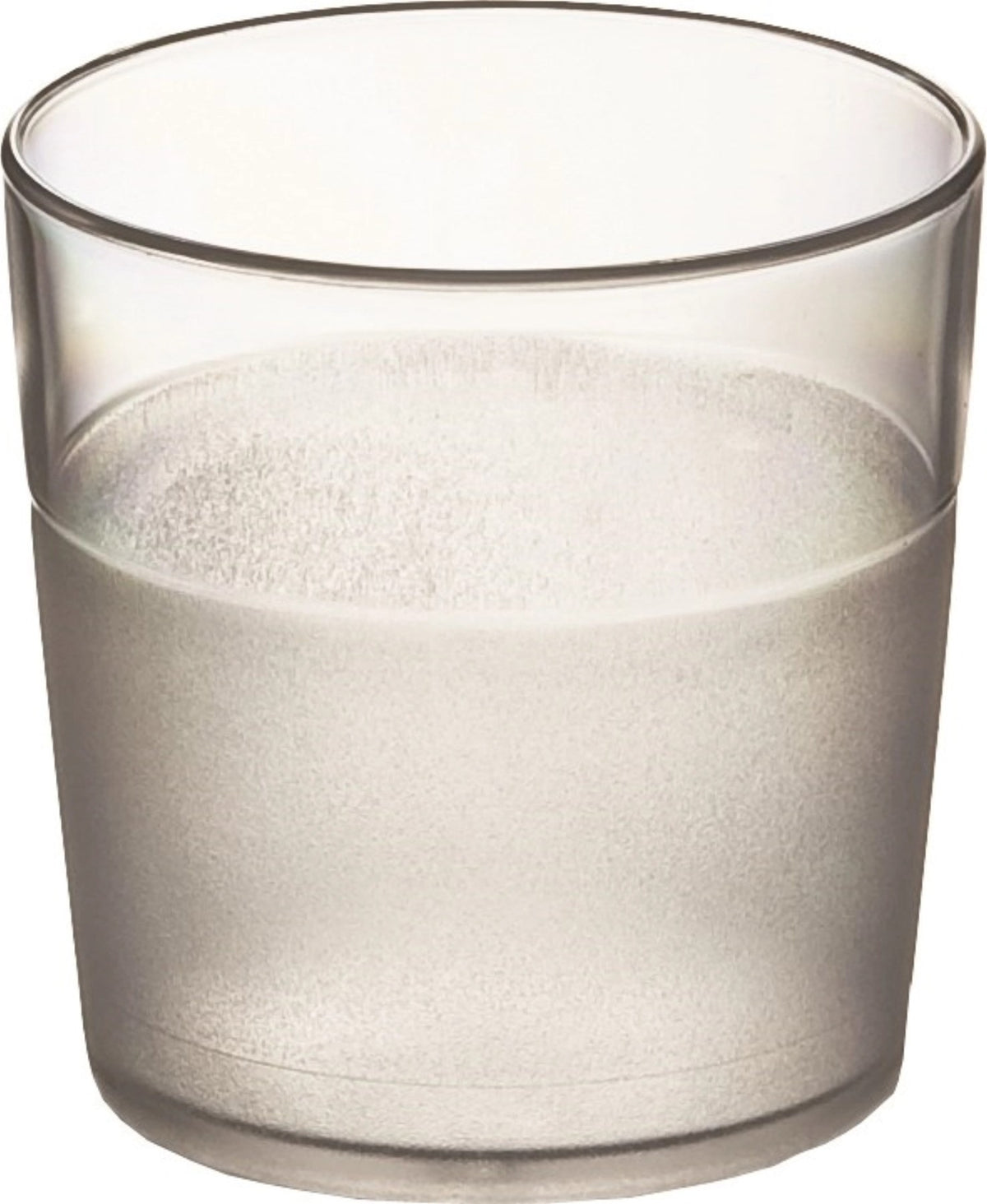 Transparenter, matter Glasbecher Frosti 17cl von Roltex, rund geformt, stapelbar, auf neutralem Hintergrund fotografiert.
