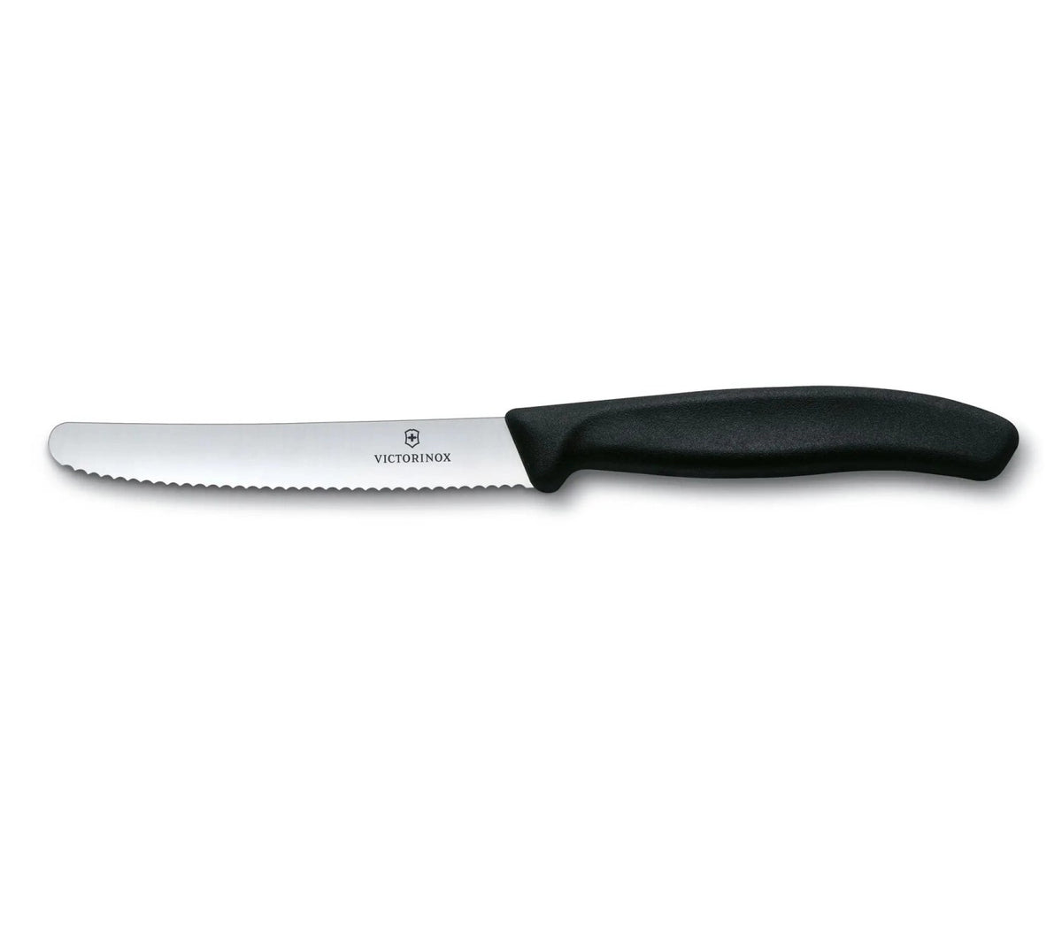 Schwarzes Victorinox Tomatenmesser mit 11cm langer Klinge und Wellenschliff, ergonomischer Griff, Küchenmesser für Obst und Gemüse.
