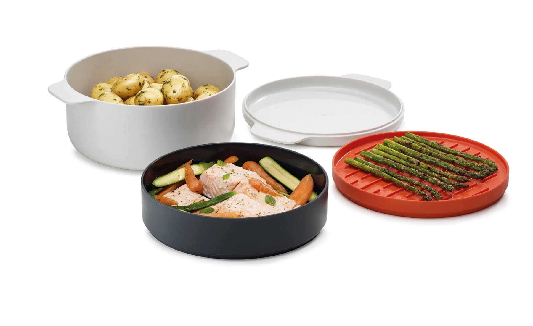 Stylisches 4-teiliges Mikrowellenkocher-Set in Grau und Orange von Joseph Joseph, perfekt für schnelles Kochen und Aufwärmen in der Mikrowelle.