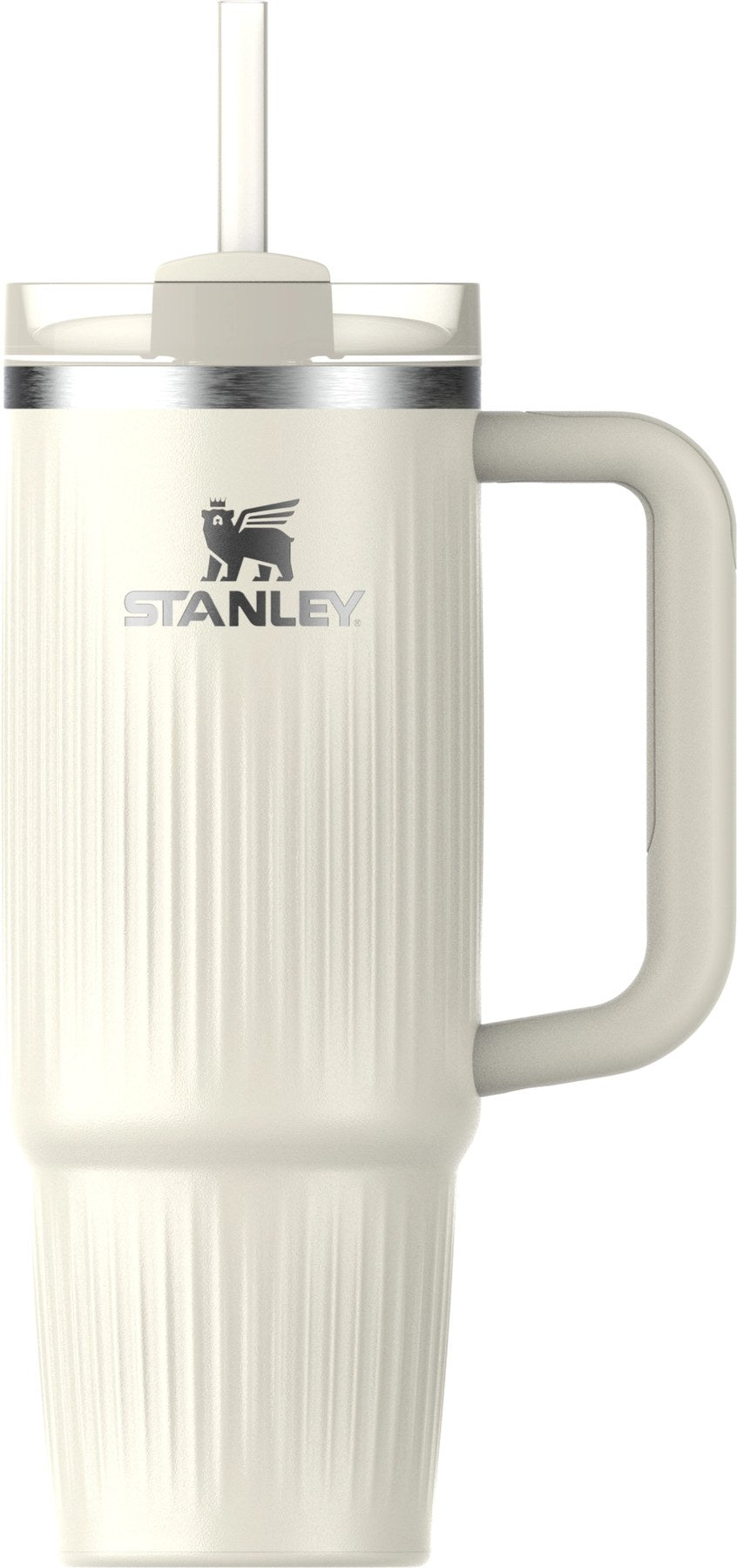 Beige Thermosflasche Stanley Quencher Fluted 0.89l mit geriffelter Oberfläche, glänzendem Finish und schlanker, zylindrischer Form.