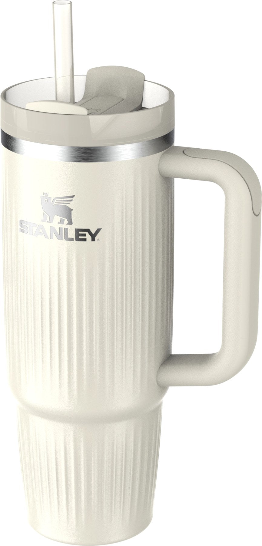 Beige Thermosflasche Stanley Quencher Fluted 0.89l mit geriffelter Oberfläche, glänzendem Finish und schlanker, zylindrischer Form.