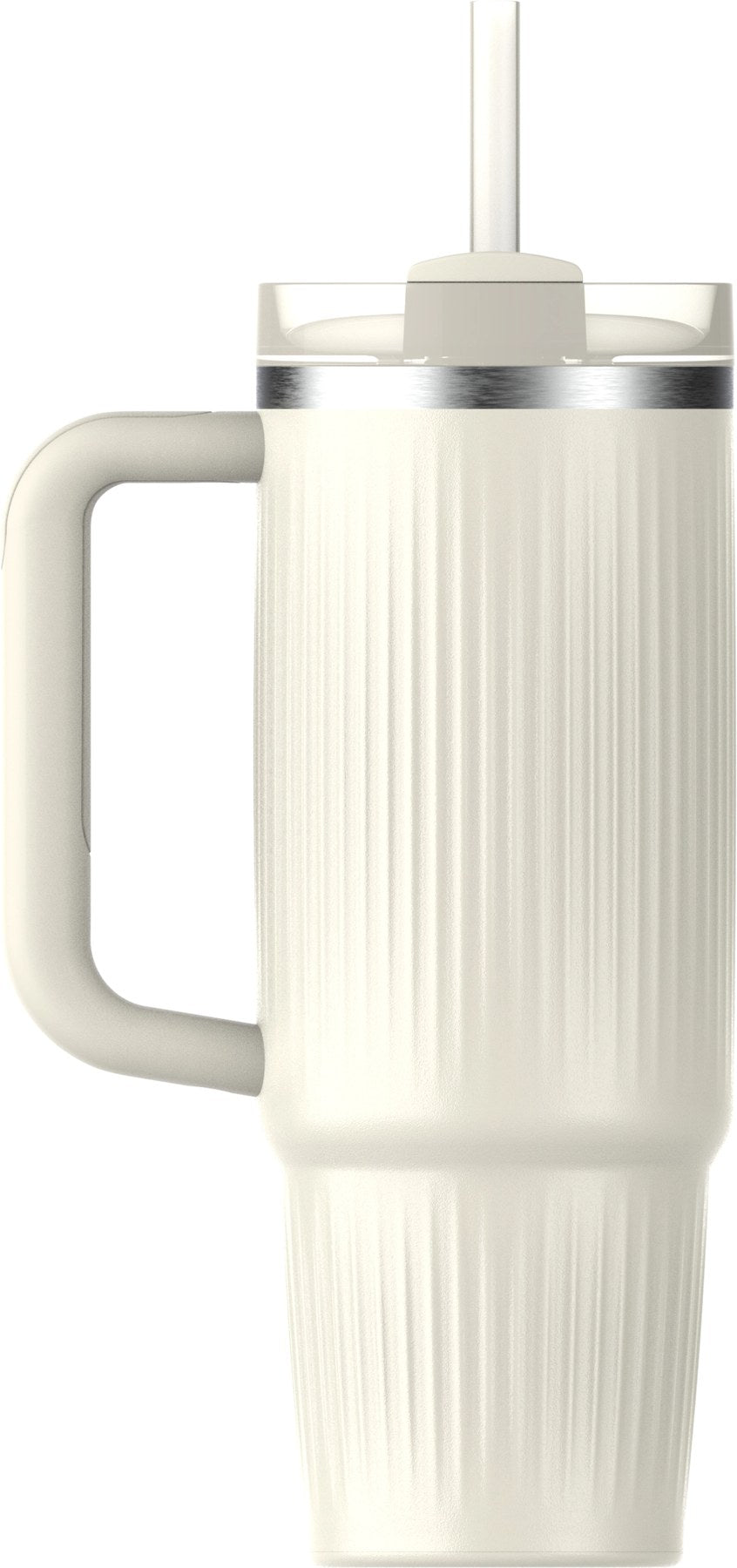 Beige Thermosflasche Stanley Quencher Fluted 0.89l mit geriffelter Oberfläche, glänzendem Finish und schlanker, zylindrischer Form.
