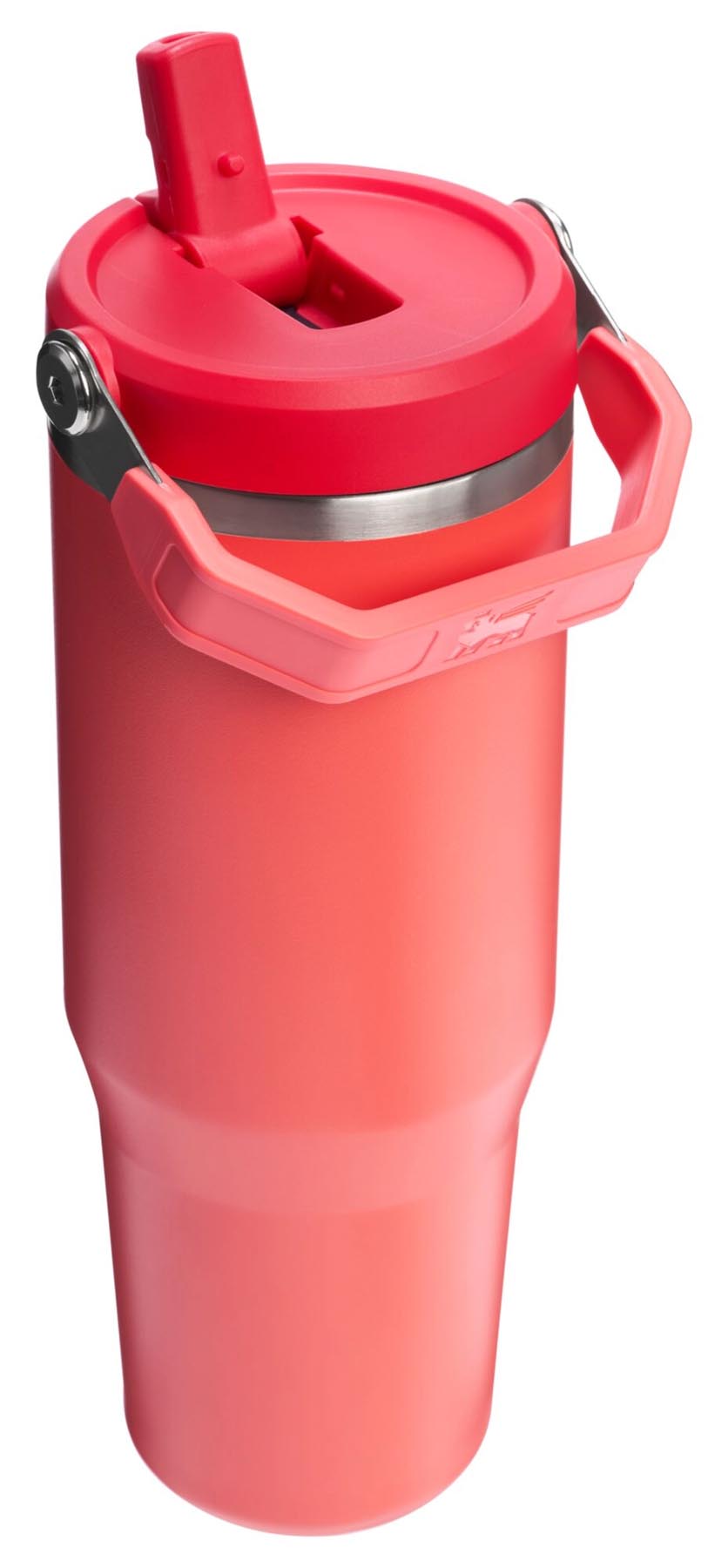 Stylischer Stanley Becher in Hot Coral mit Flip-Strohhalm, ideal für kalte Getränke unterwegs, 0,89 l Fassungsvermögen.