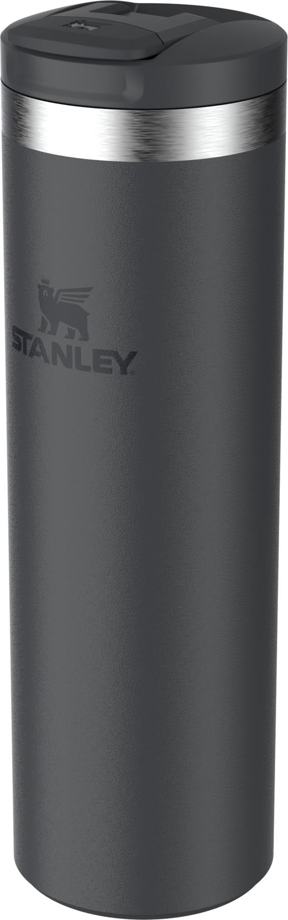 Schwarze Stanley AeroLight Transit Mug 0.47l, perfekt für Reisen, kombiniert stilvolles Design mit optimaler Wärmeisolierung.
