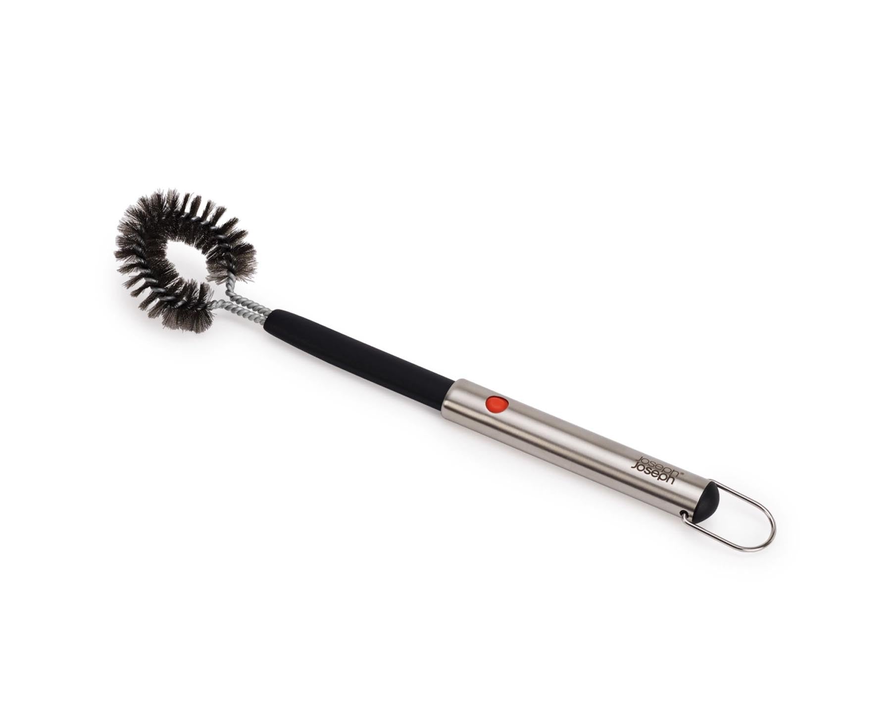 Praktische GrillOut BBQ Reinigungsbürste mit ausziehbarem Kopf, ideal für gründliche Reinigung von Grillrosten, in elegantem Silberdesign.