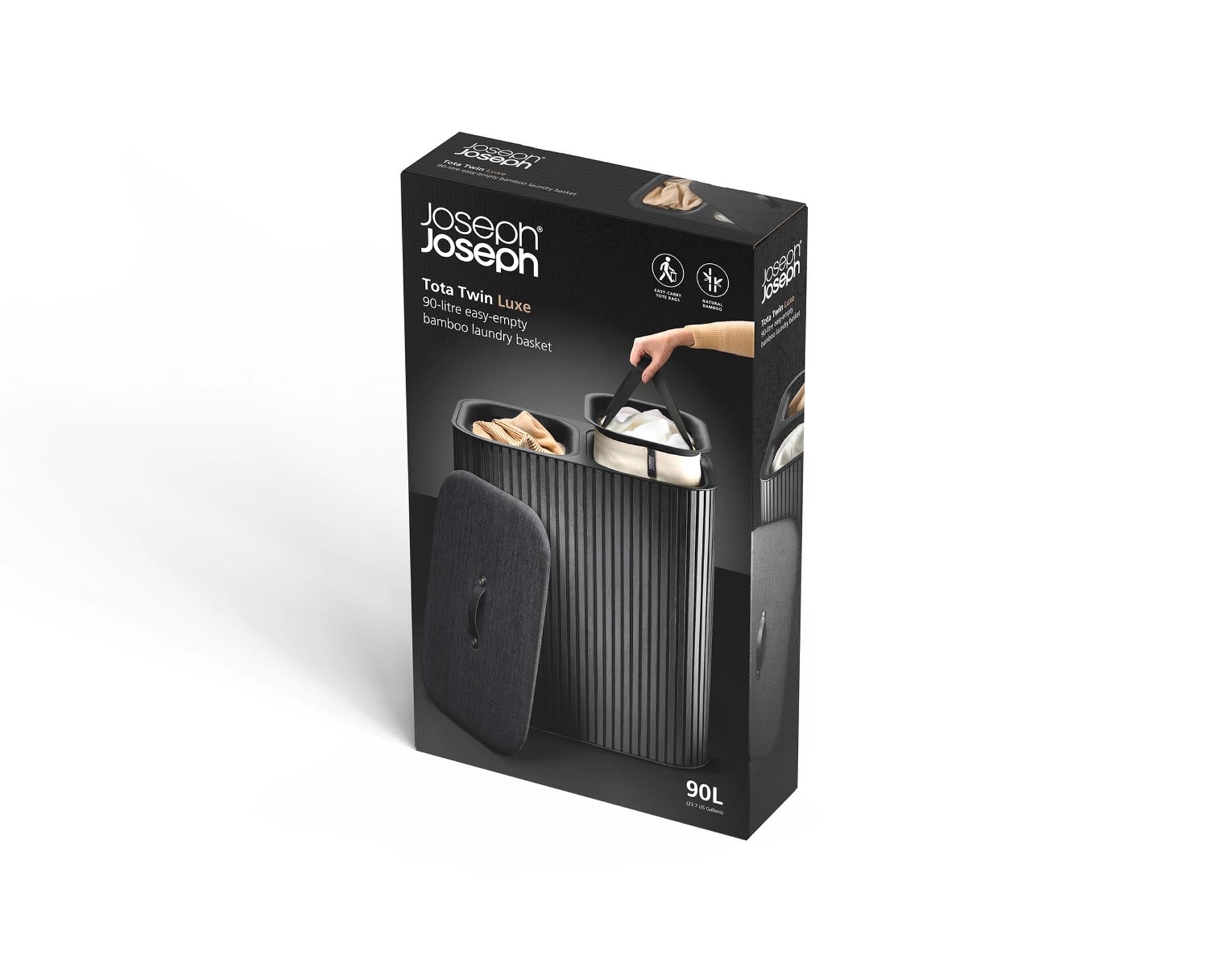 Eleganter Wäschekorb Tota Twin Luxe in Schwarz von Joseph Joseph, 90 l, ideal für eine stilvolle und funktionale Wäscheaufbewahrung.