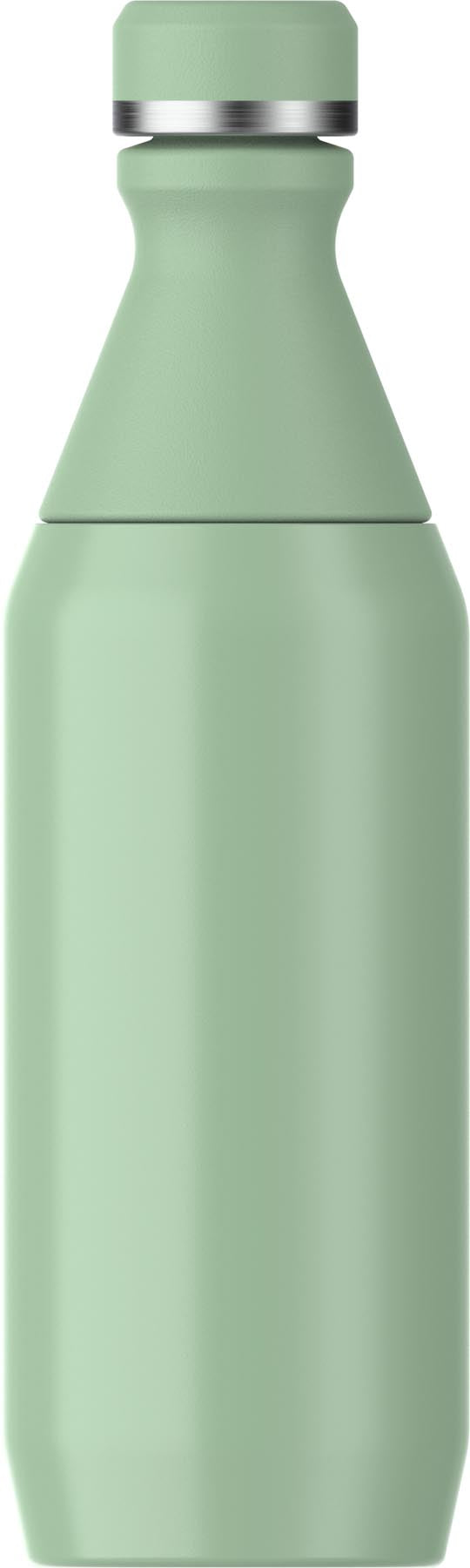 Elegante Thermosflasche in Pistaziengrün mit glänzender Oberfläche, ideal für unterwegs. Perfekt für kalte und heiße Getränke.