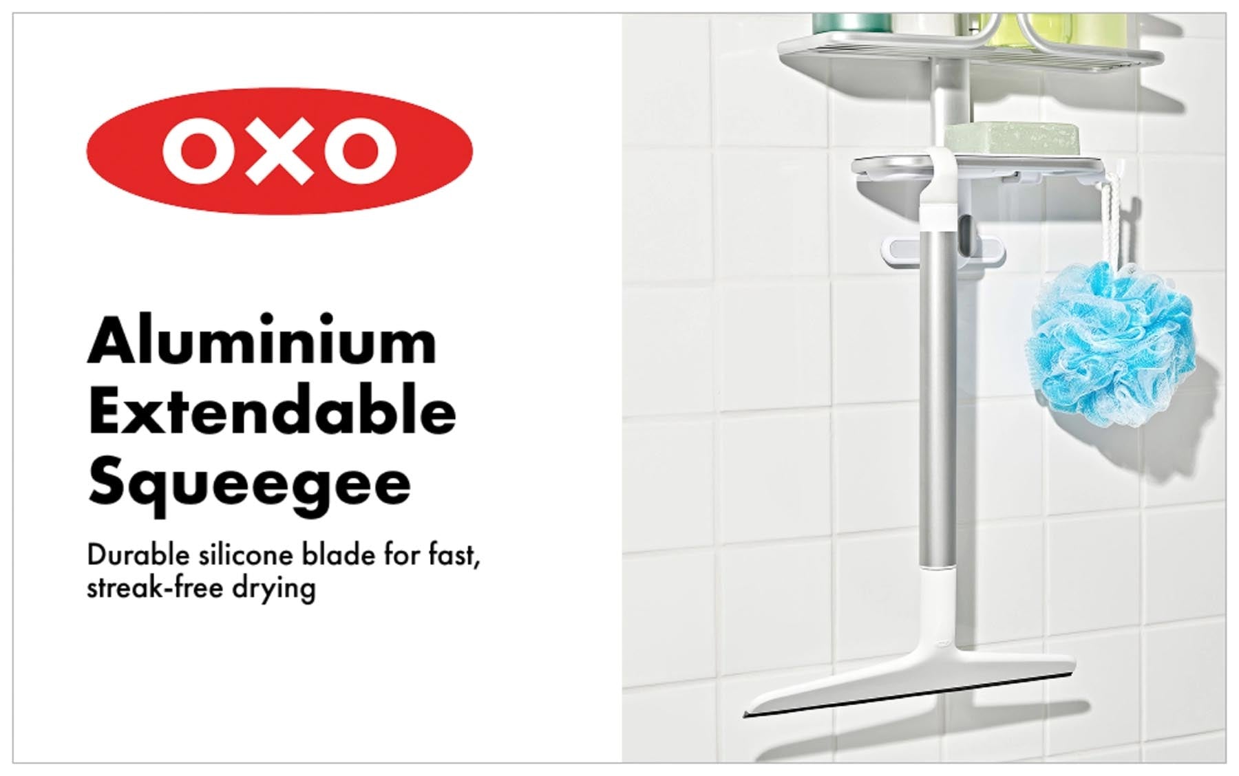 Vielseitiger GG Abzieher aus leichtem Aluminium, teleskopierbar von 100 bis 150 cm, perfekt für streifenfreies Reinigen von Glasflächen und Fliesen.