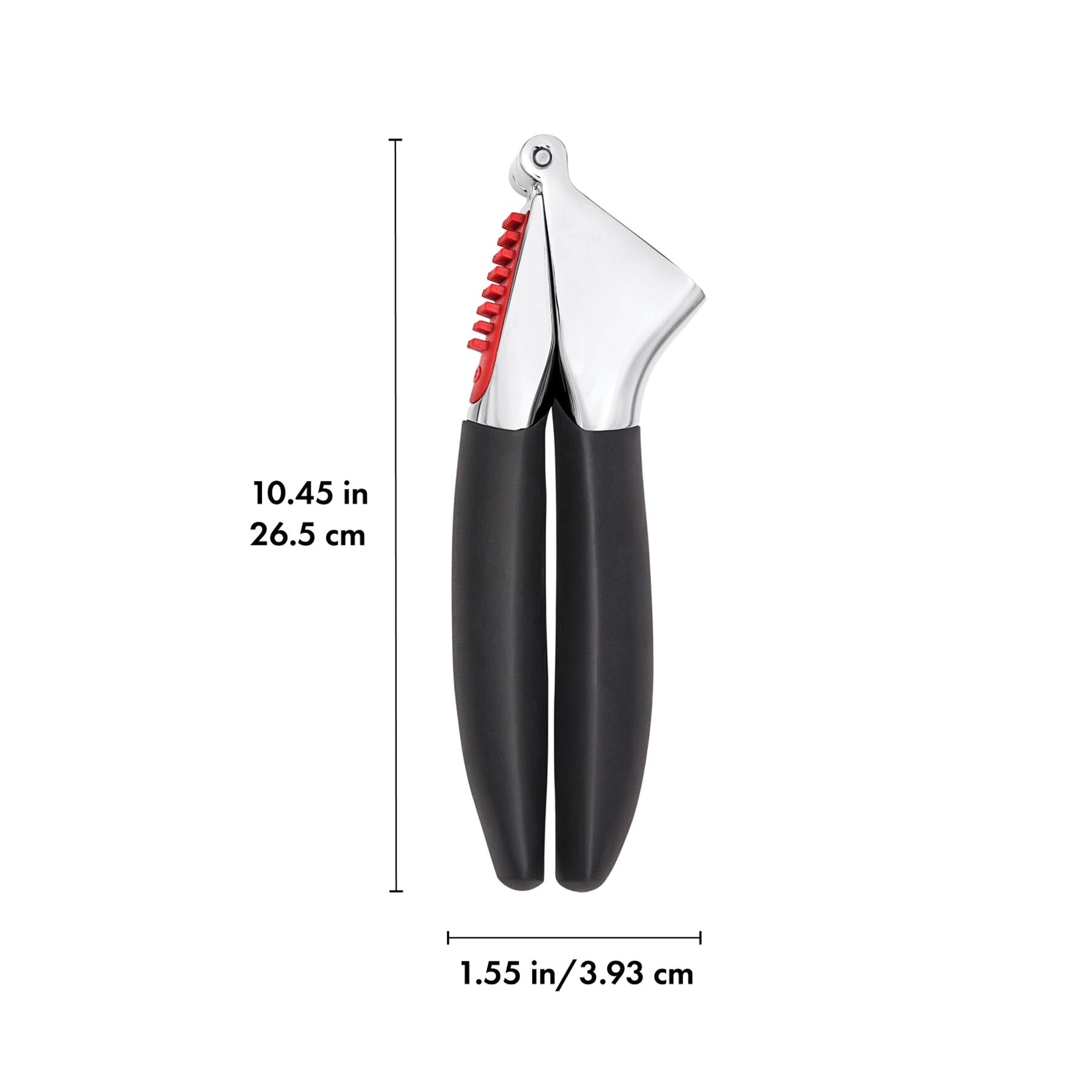 Moderne OXO Knoblauchpresse in elegantem Schwarz, ideal zum mühelosen Zerkleinern von Knoblauch und mit innovativem Selbstreinigungssystem.
